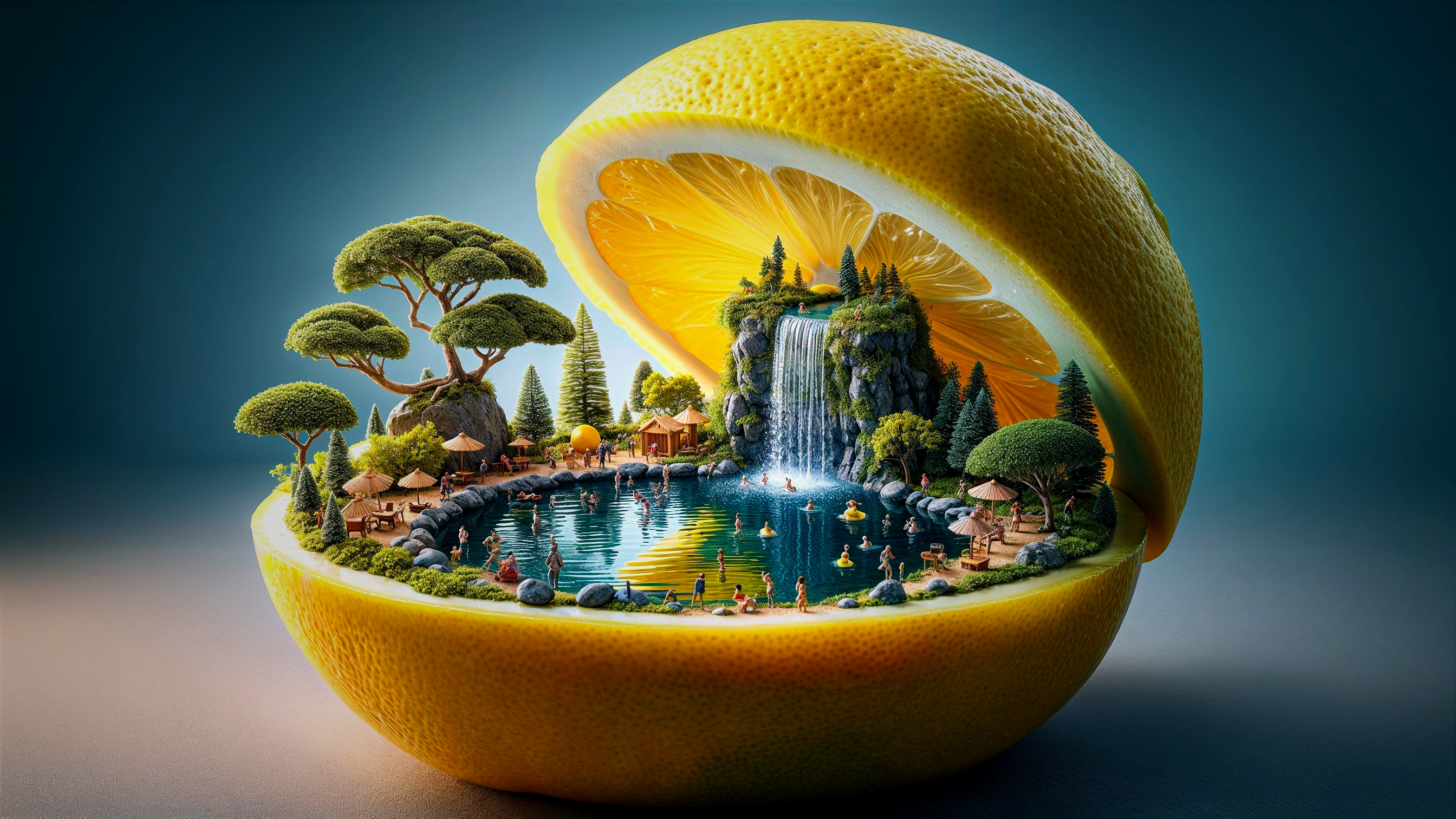 Lemon Slice Reveals Miniature Landscape with Waterfall