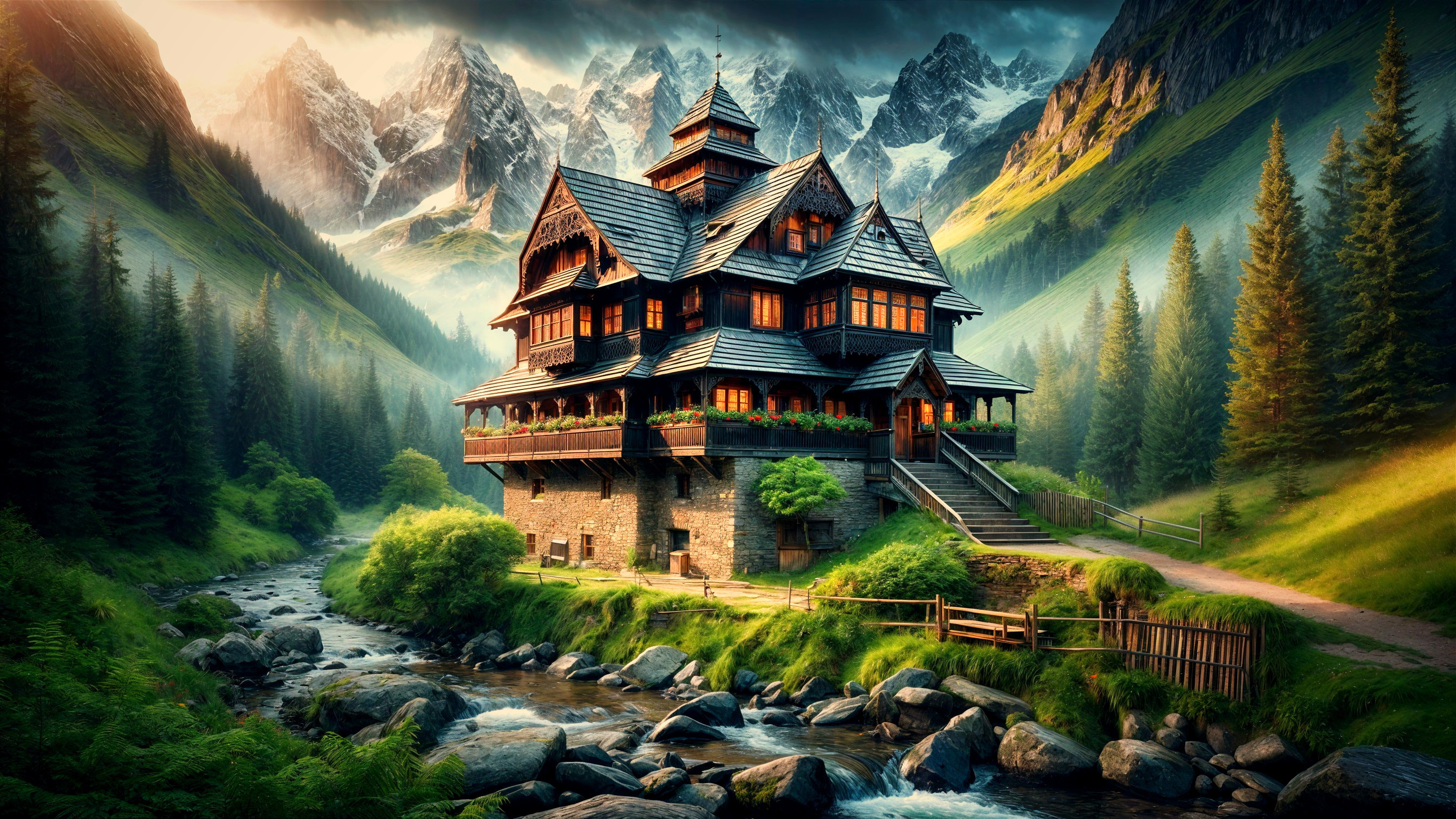 Multi-Tiered House by Stream and Mountains
