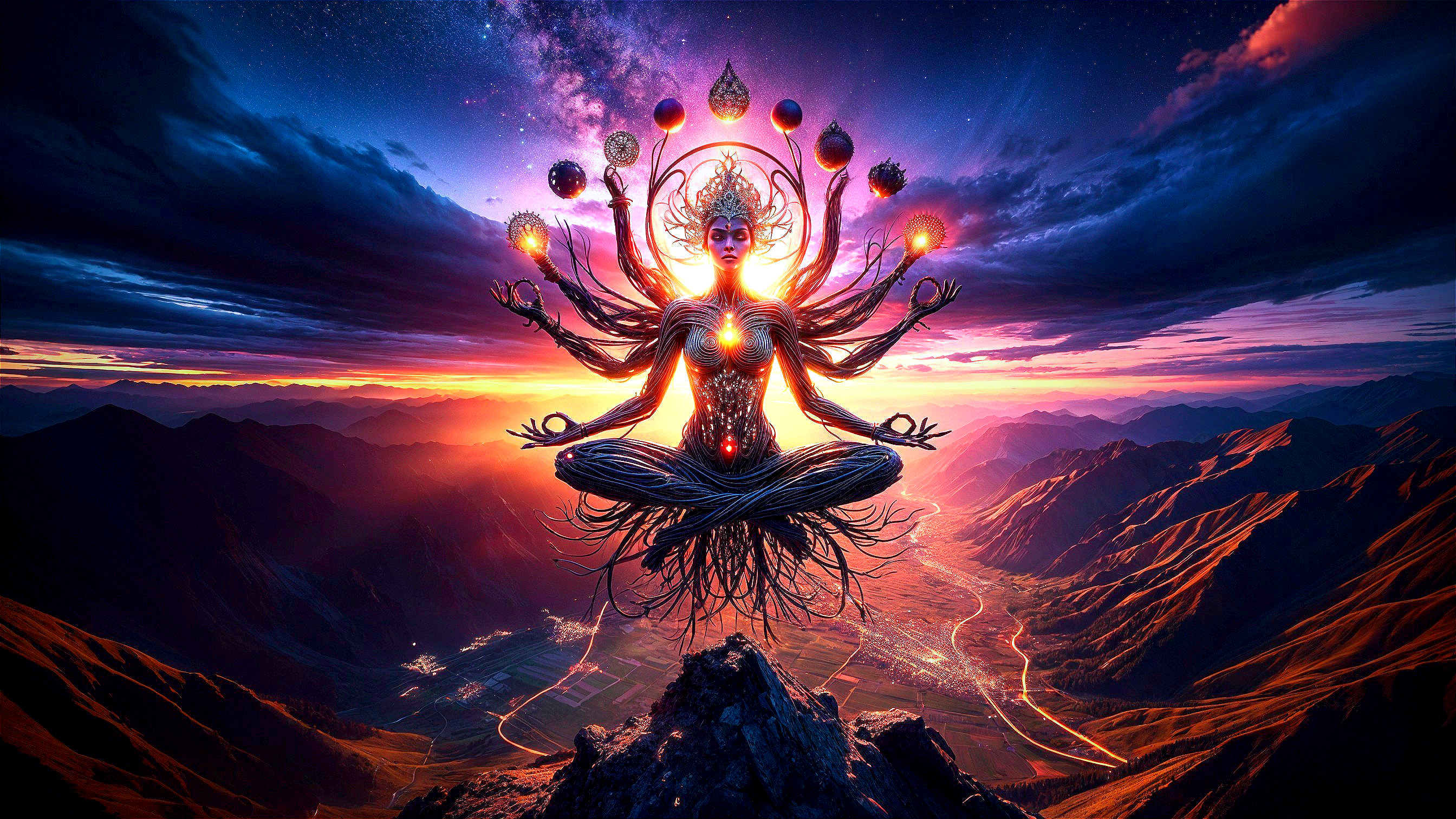 Majestic deity figure in meditative pose on mountain
