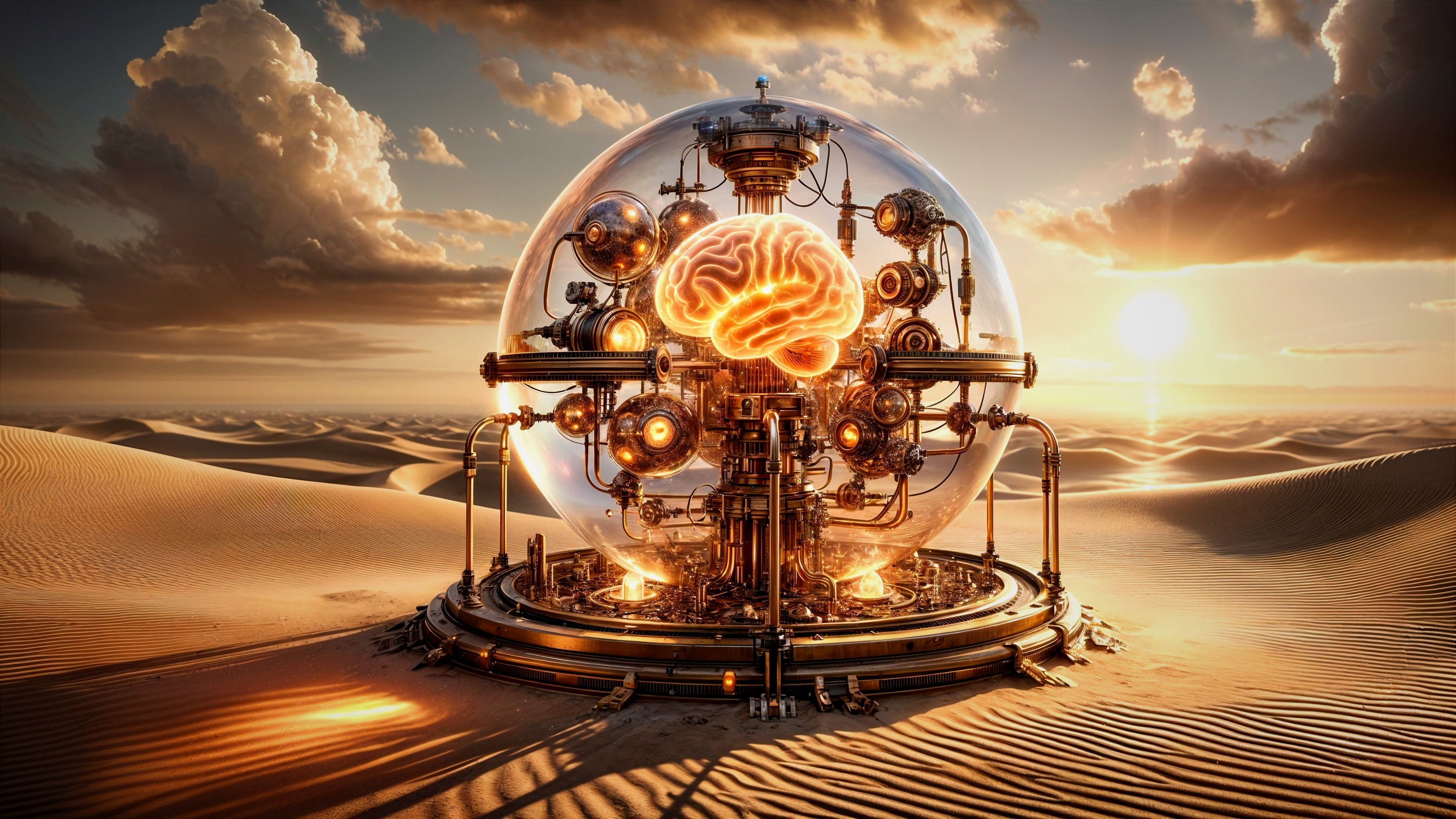 Steampunk Brain Machine in Glass Sphere at Sunset