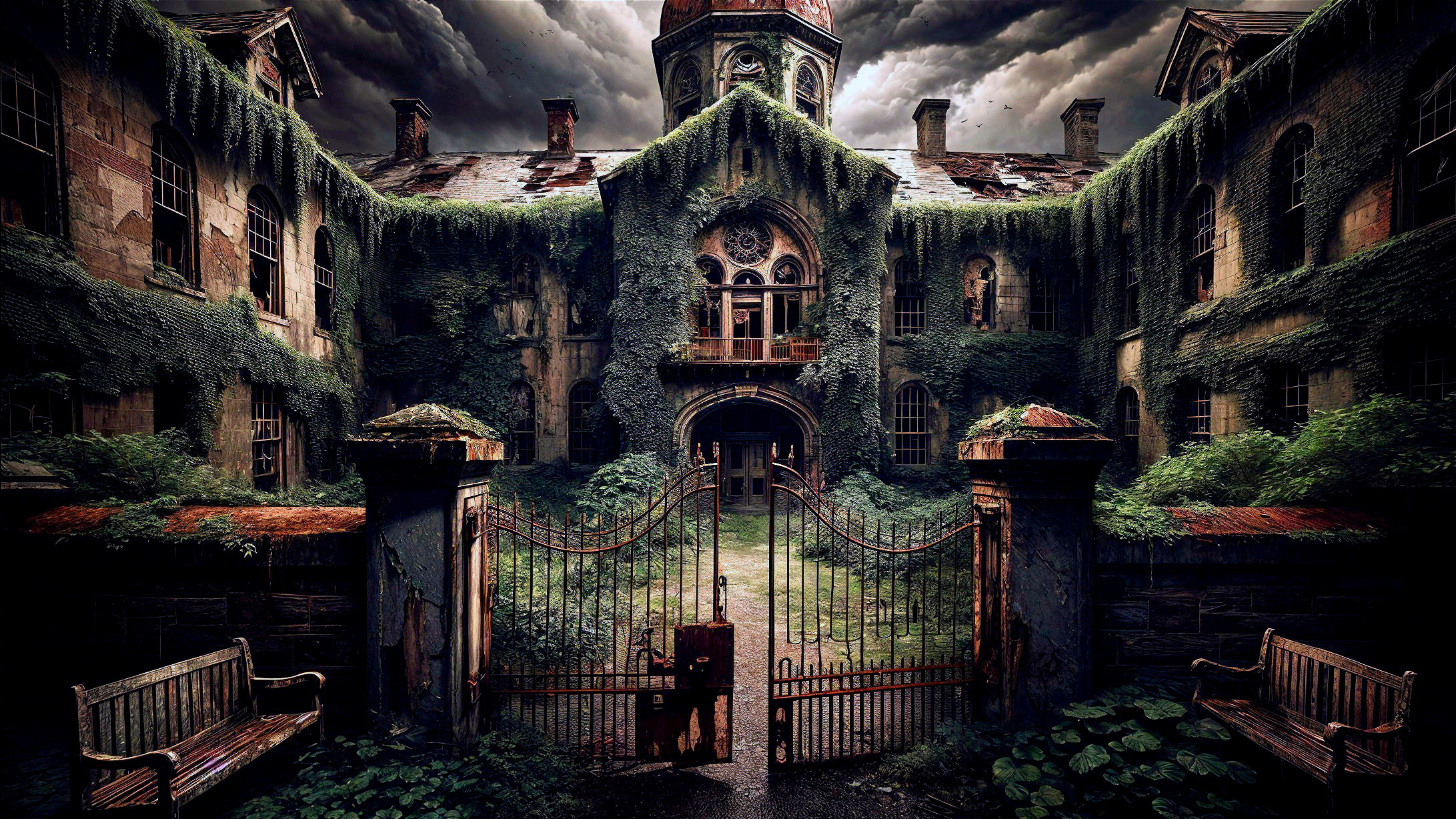 Abandoned Building Surrounded by Lush Greenery and Vines