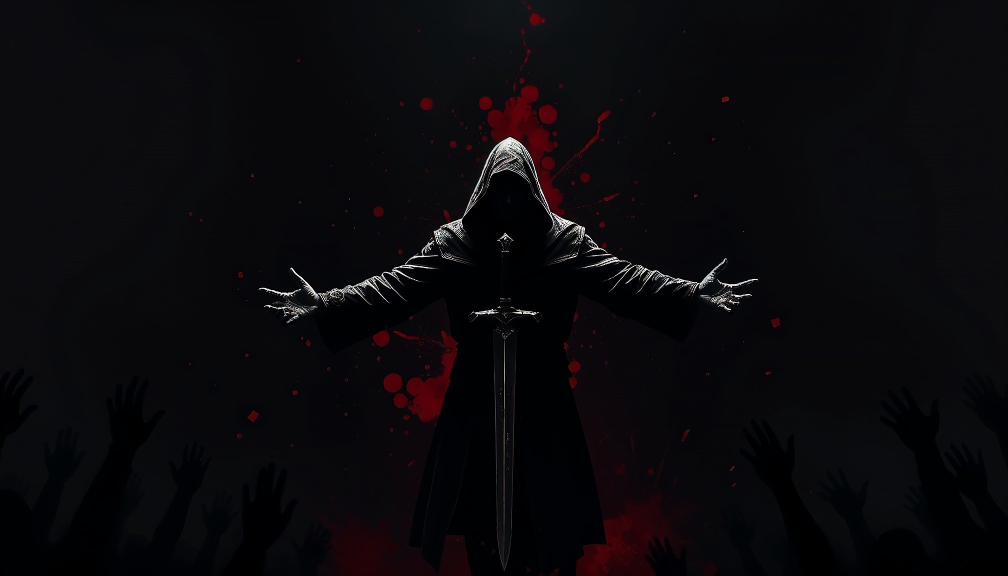 Ominous Figure with Sword Amidst Dark, Red Background