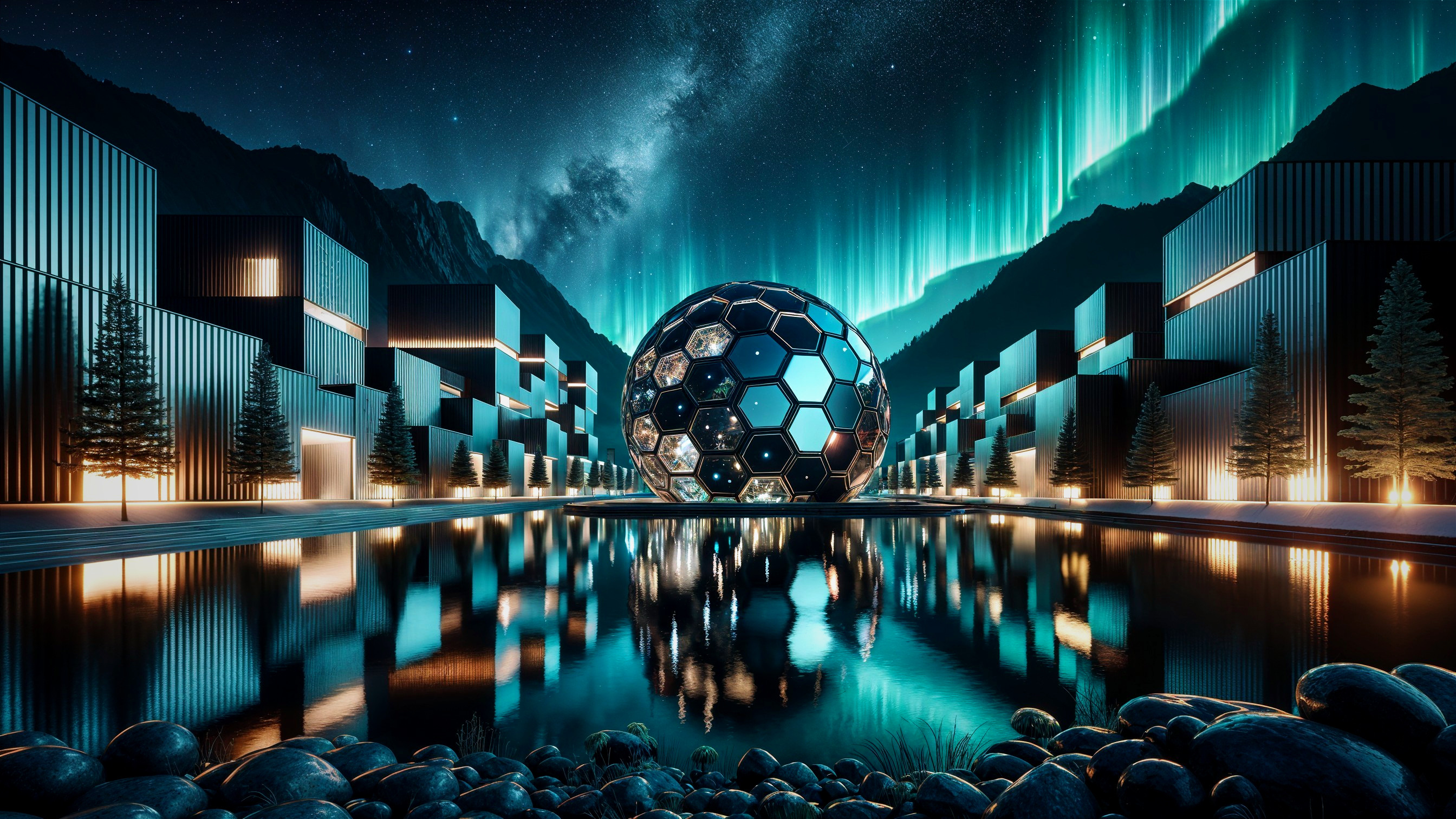 Futuristic Landscape with Hexagonal Structure and Auroras
