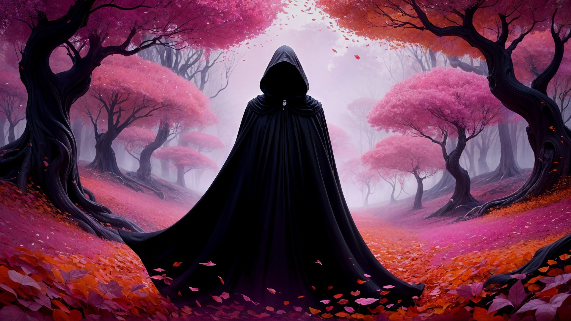 Cloaked Figure in Enchanted Forest with Vibrant Trees