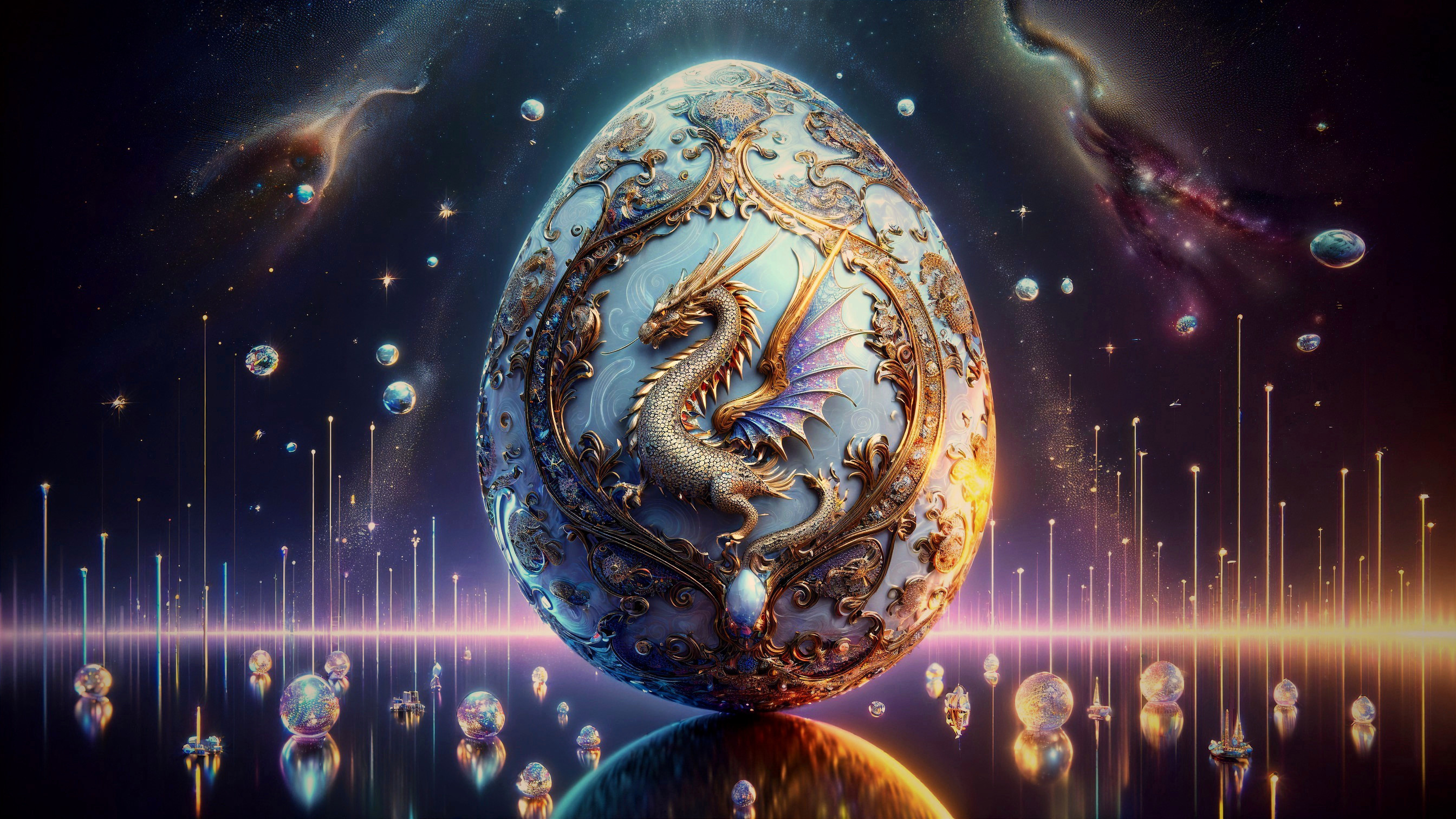 Dragon Egg in Cosmic Setting with Gold Filigree