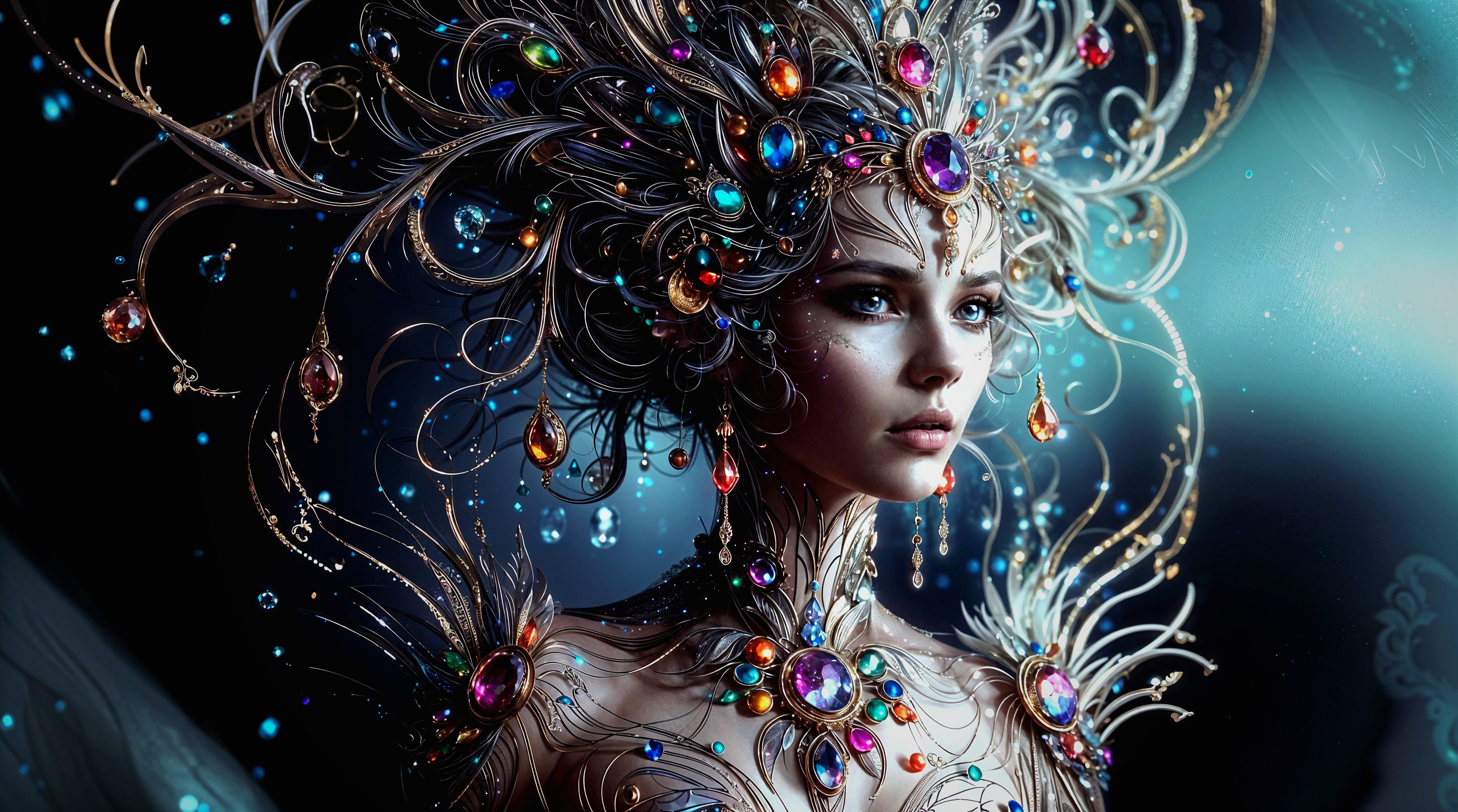 Ornate figure with intricate hair designs and jewels