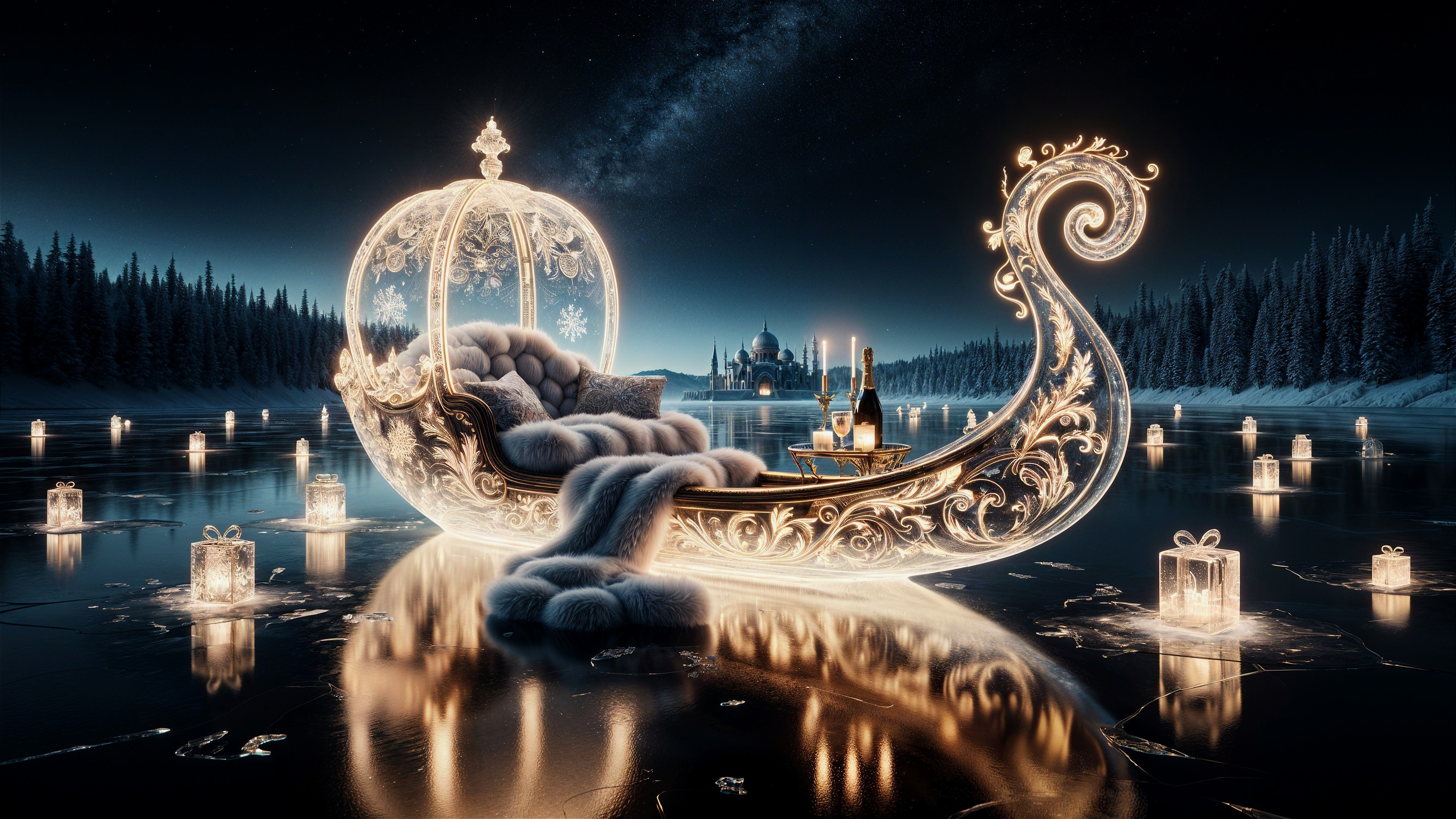 Illuminated Cinderella Carriage on Frozen Lake Scene