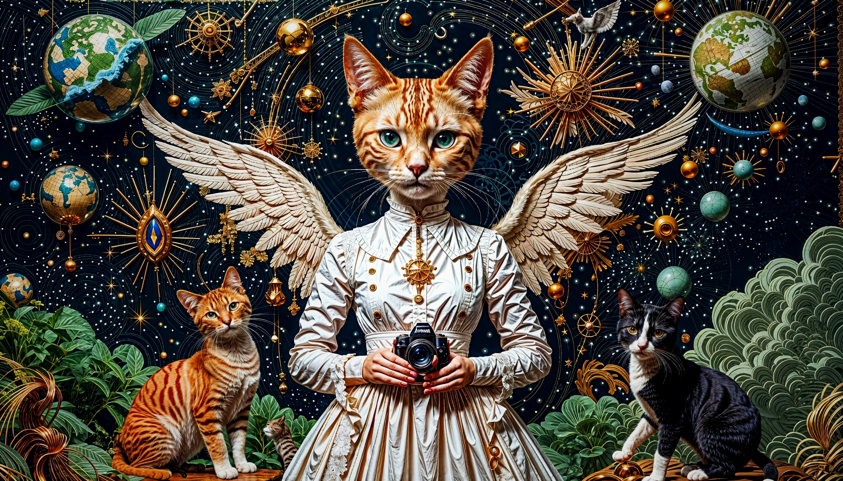 Surreal Scene of a Woman with Cat's Head and Wings