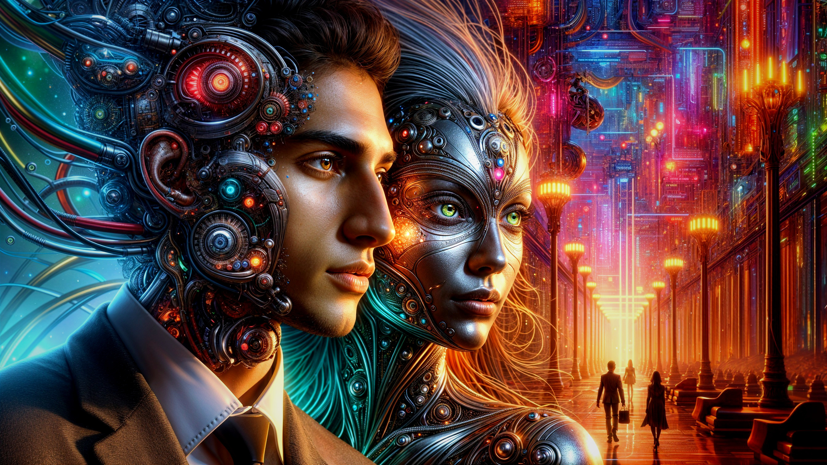 Futuristic Scene with Robotic Figures in Neon Lights