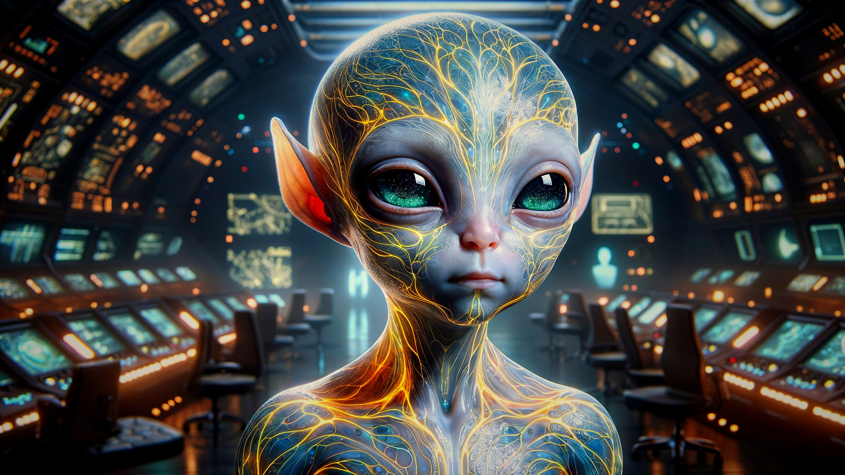 Futuristic humanoid alien in advanced control room
