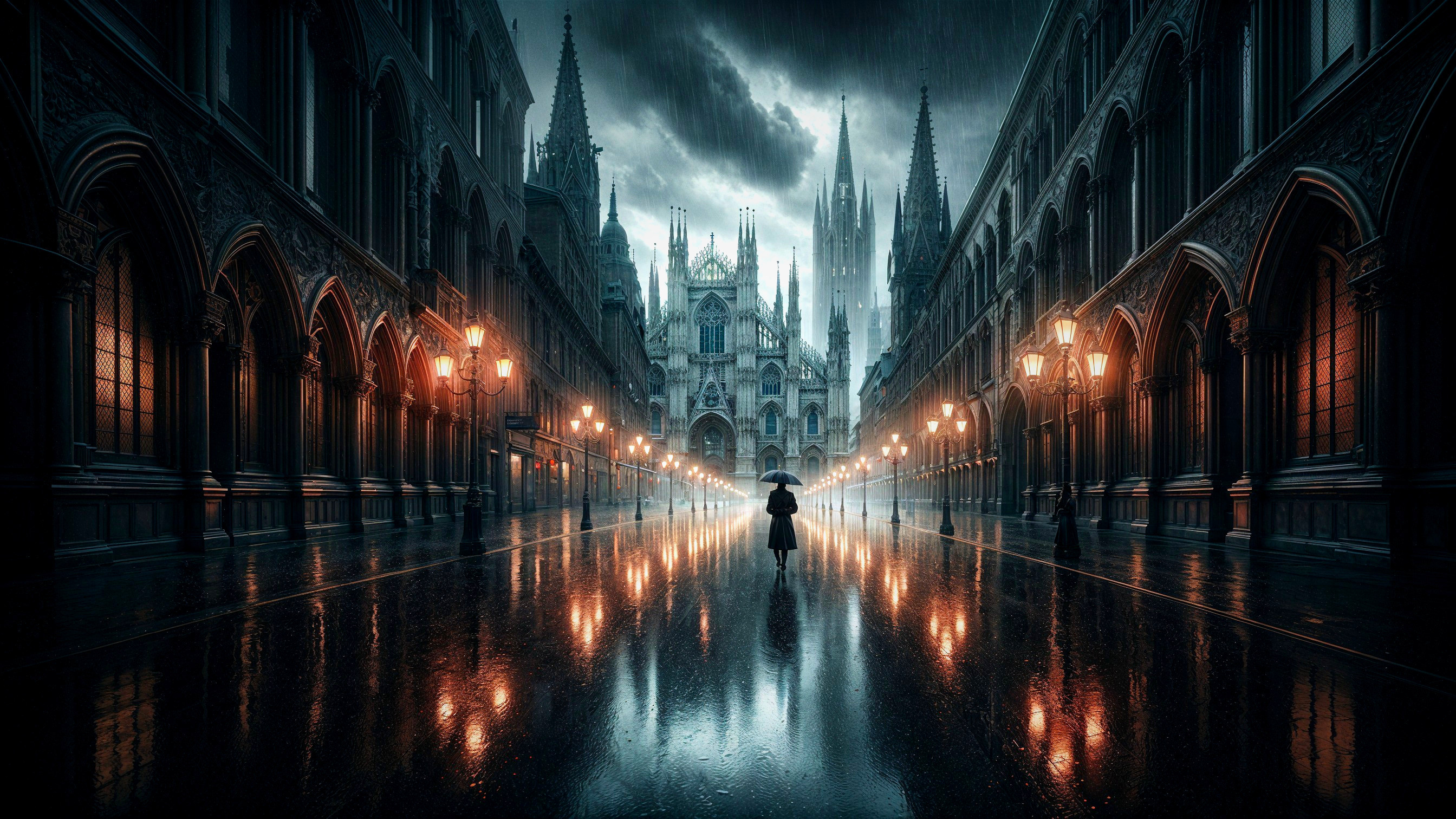 Cobblestone Street with Gothic Architecture and Rain