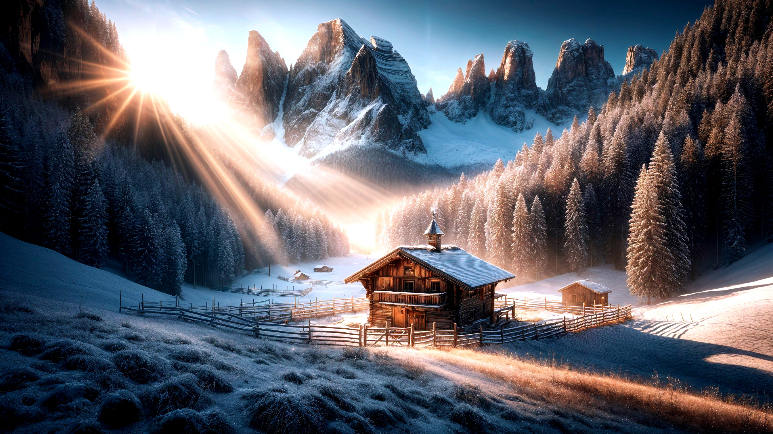 Winter Landscape with Cabin and Snowy Mountains