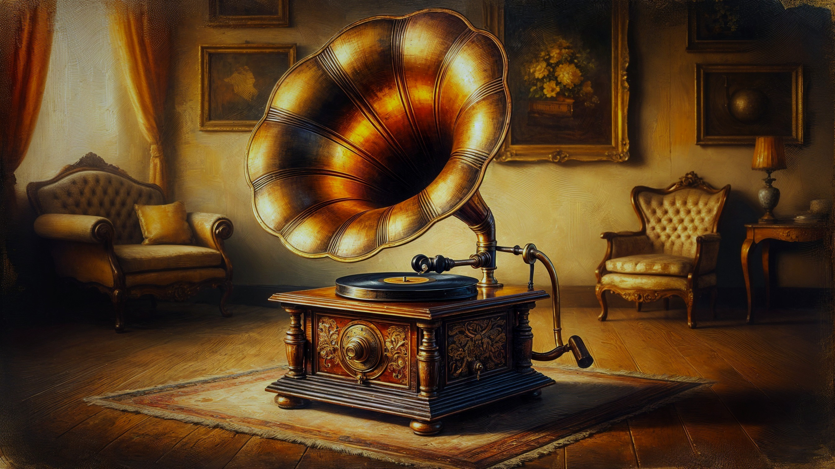 Antique Gramophone with Ornate Brass Horn in Cozy Room