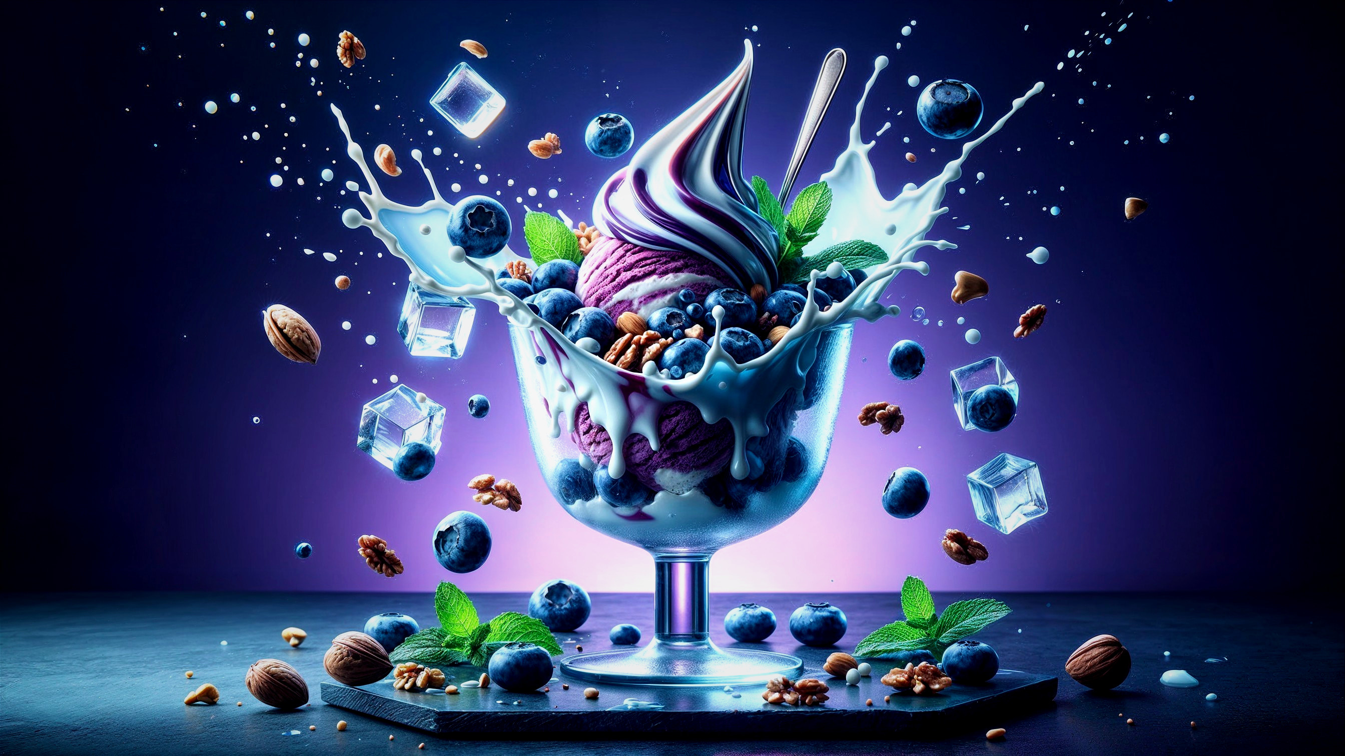Vibrant Sundae with Blueberries and Mint Leaves