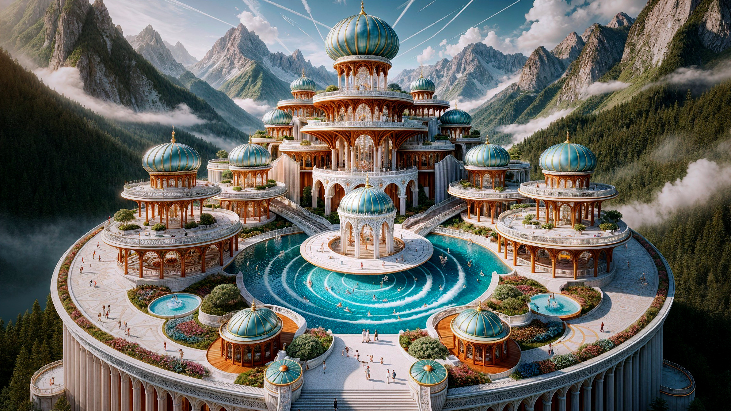 Fantastical palace with turquoise domes in mountains