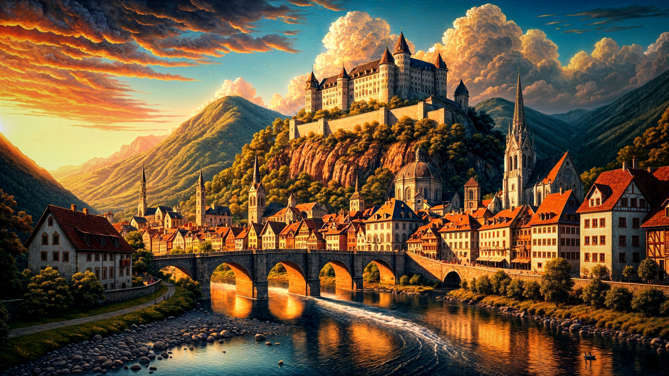 Fantasy Landscape with Castle, Mountains, and Town