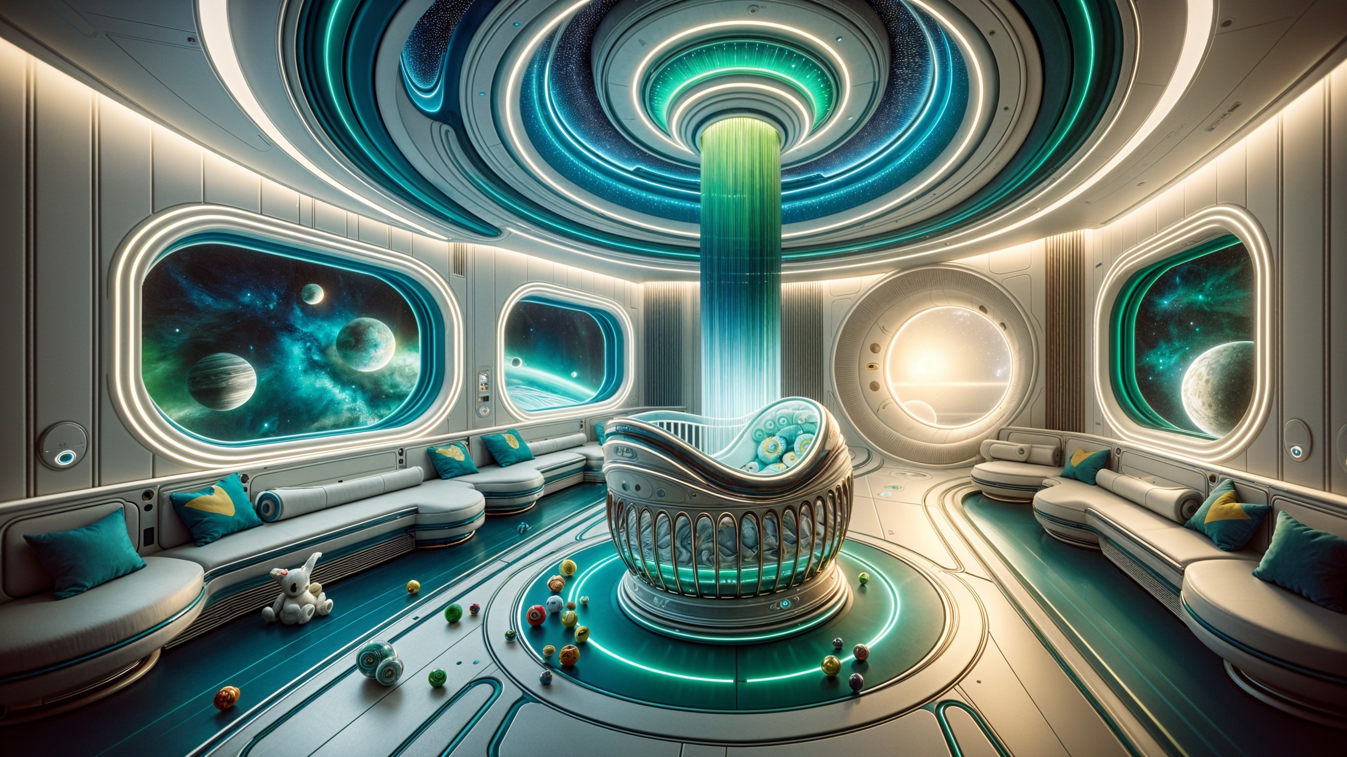 Futuristic Room with Floating Cradle and Space View