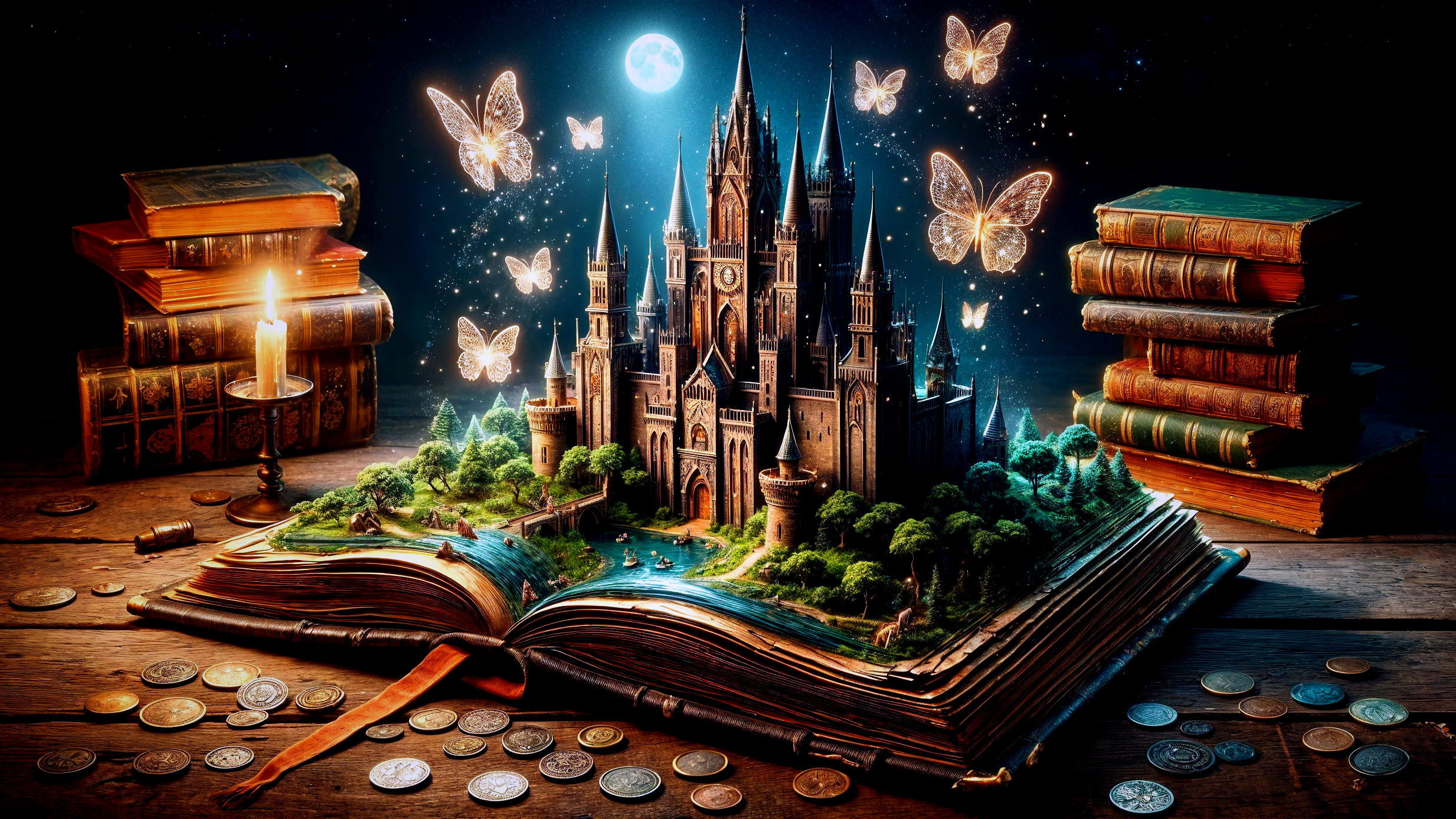 Whimsical Castle Scene from an Open Book at Night