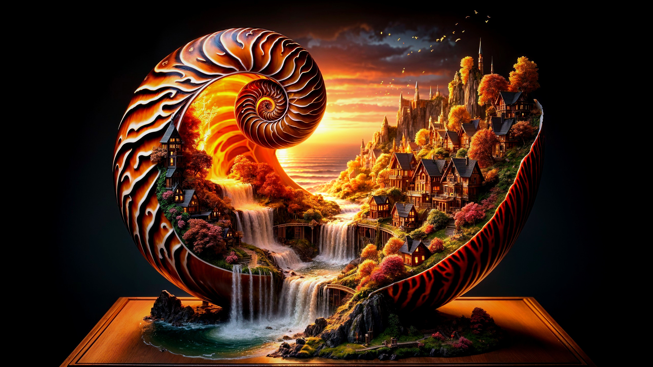 Spiral Shell with Waterfalls and Autumn Village Scene