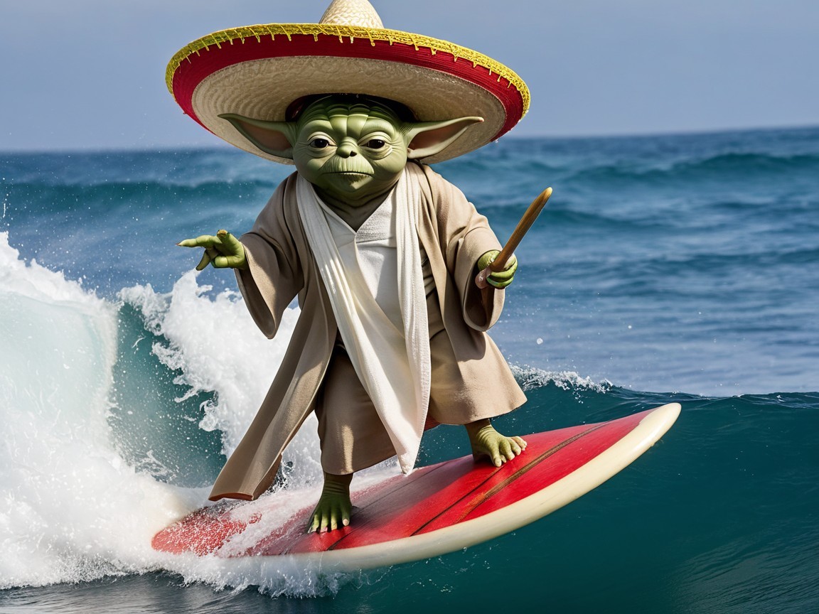 Green-Skinned Character Surfing on Red Surfboard