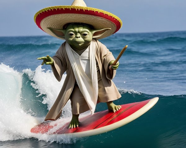 Green-Skinned Character Surfing on Red Surfboard