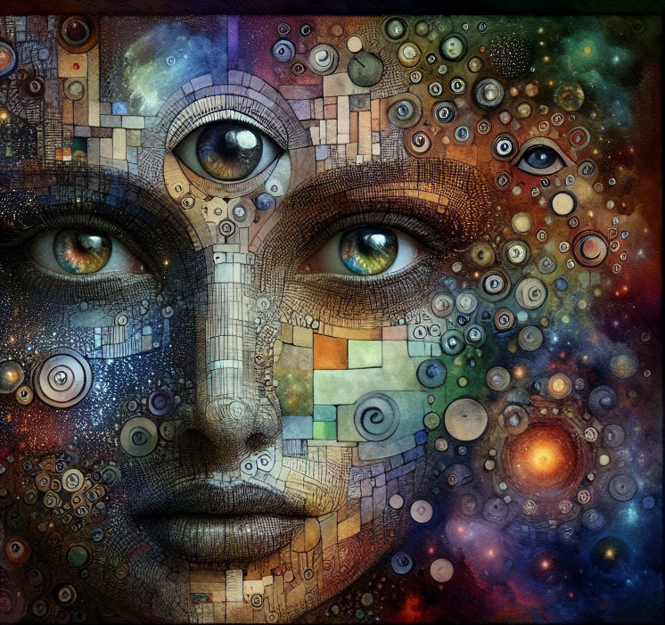 Geometric Face with Cosmic Elements and Multiple Eyes