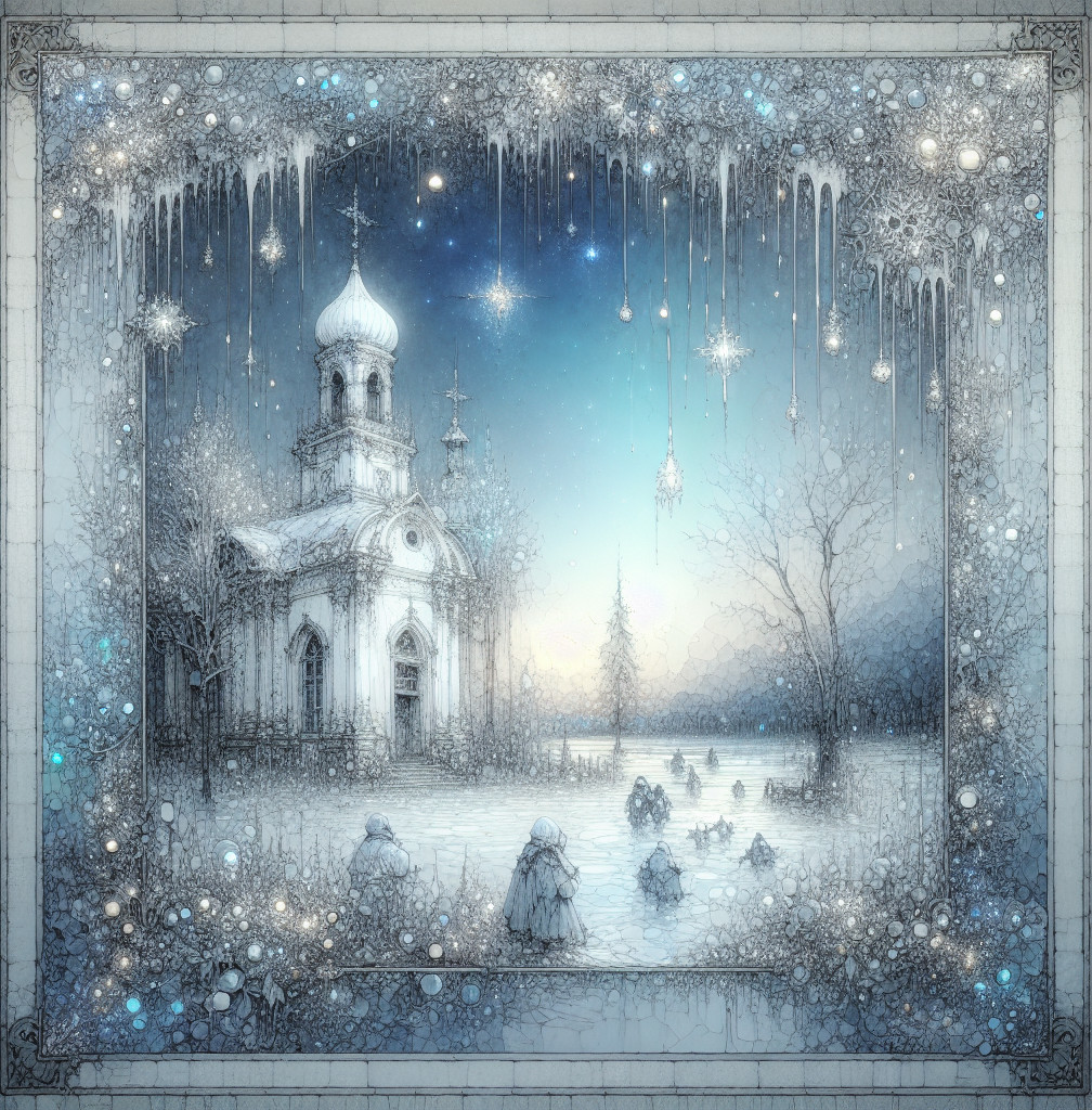 Winter Wonderland Fantasy Scene with Church and Figures