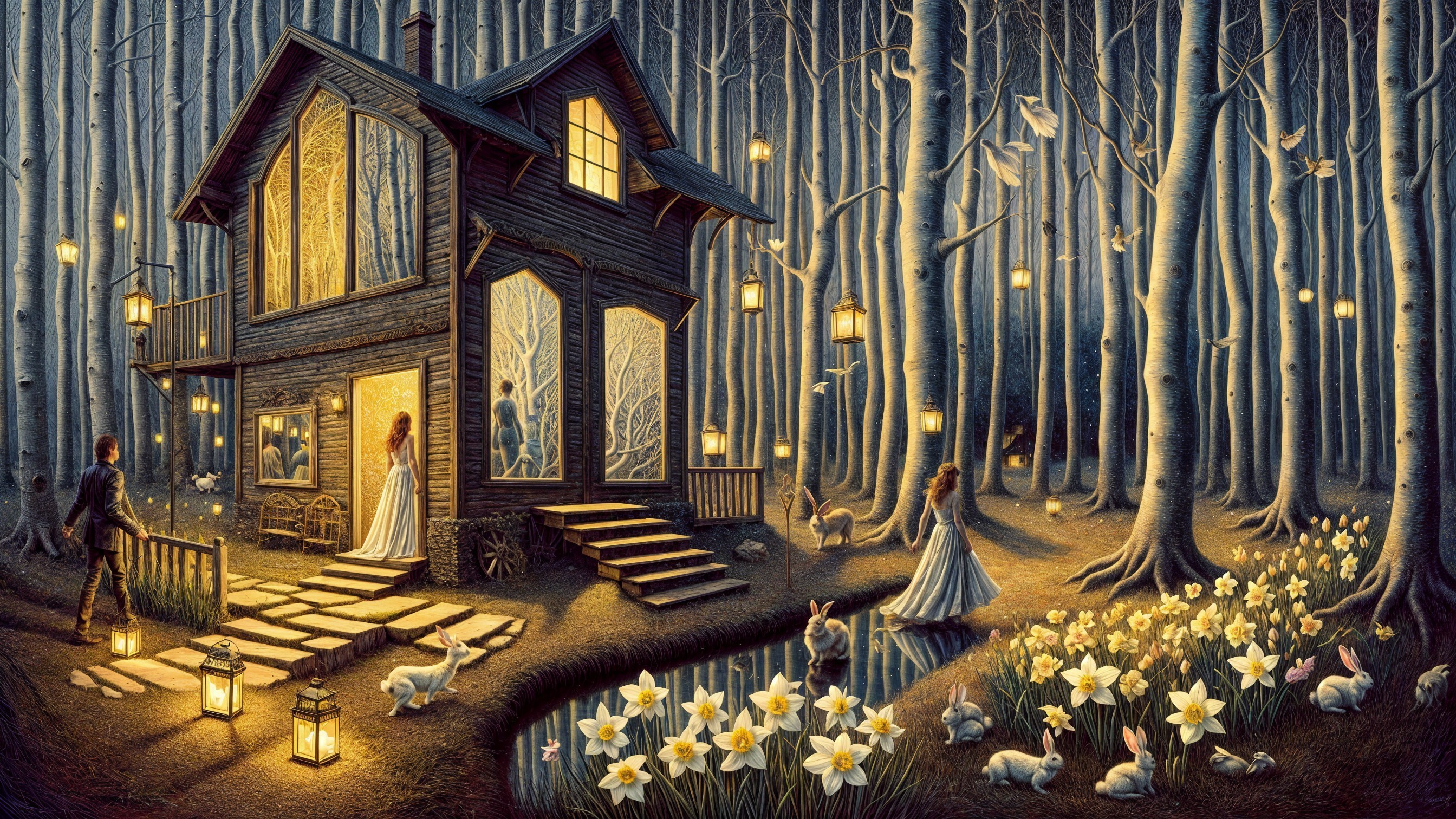 Wooden House in a Moonlit Forest with Lanterns and Flowers
