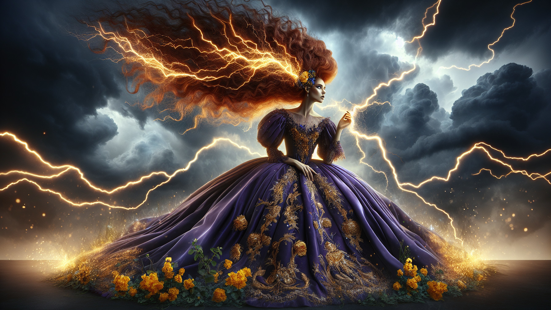 Majestic Figure in Purple Gown Amid Stormy Landscape