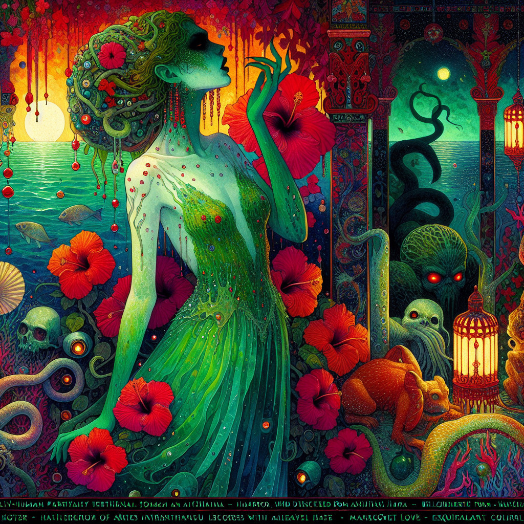 Ethereal Figure Surrounded by Creatures and Patterns