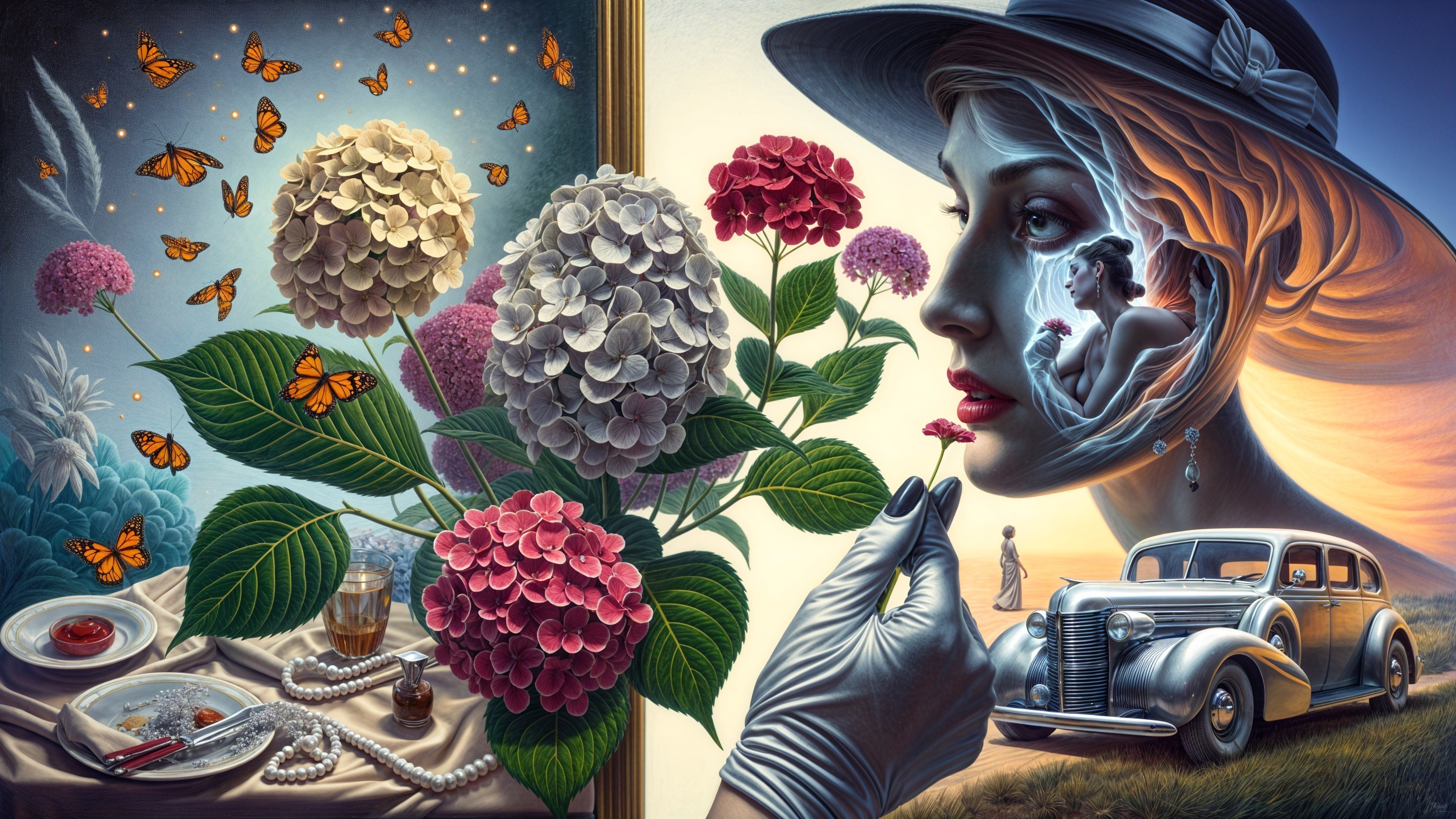Surreal Floral Arrangement with Woman's Profile and Car