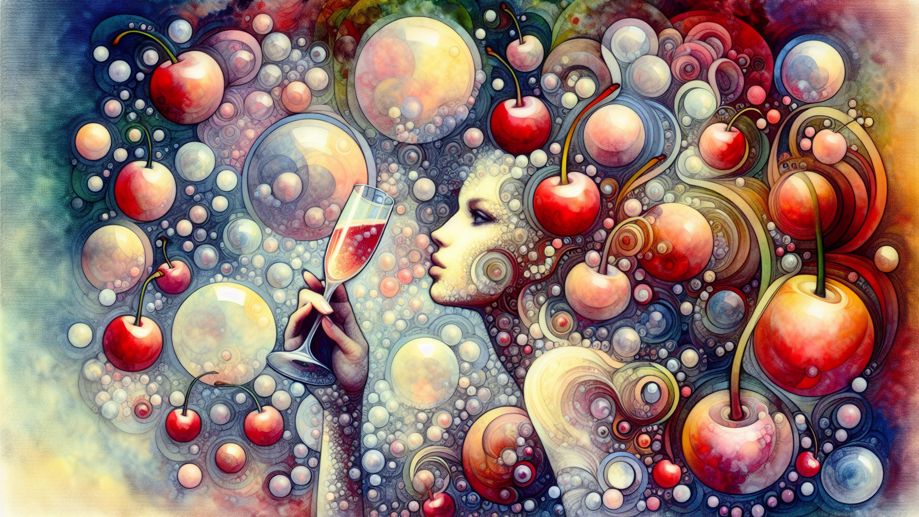 Surreal Composition of Woman with Bubbles and Cherries