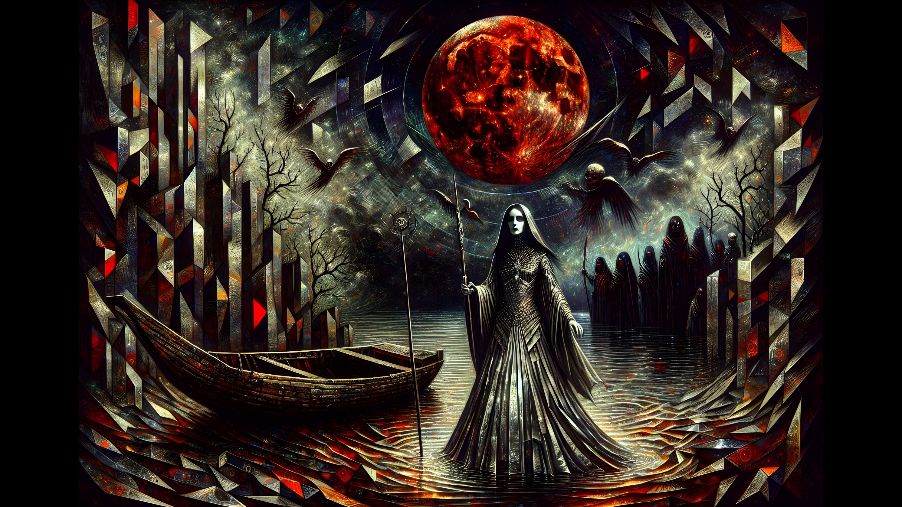 Mystical Scene with Dark Figure by Shimmering Water