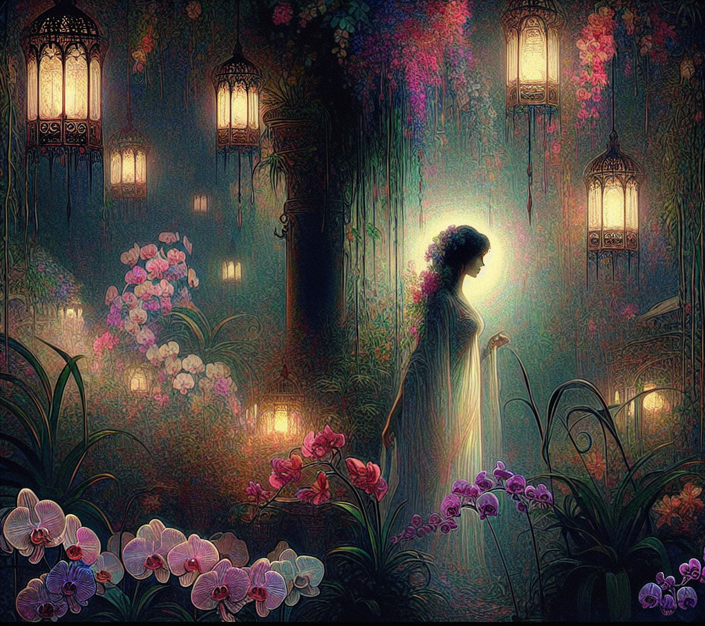 Mystical Garden with Lanterns and Vibrant Orchids