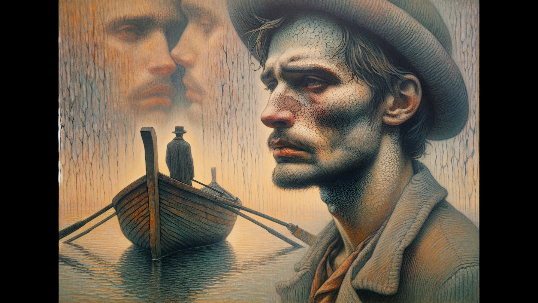Somber Portrait of a Weathered Man by Waterway