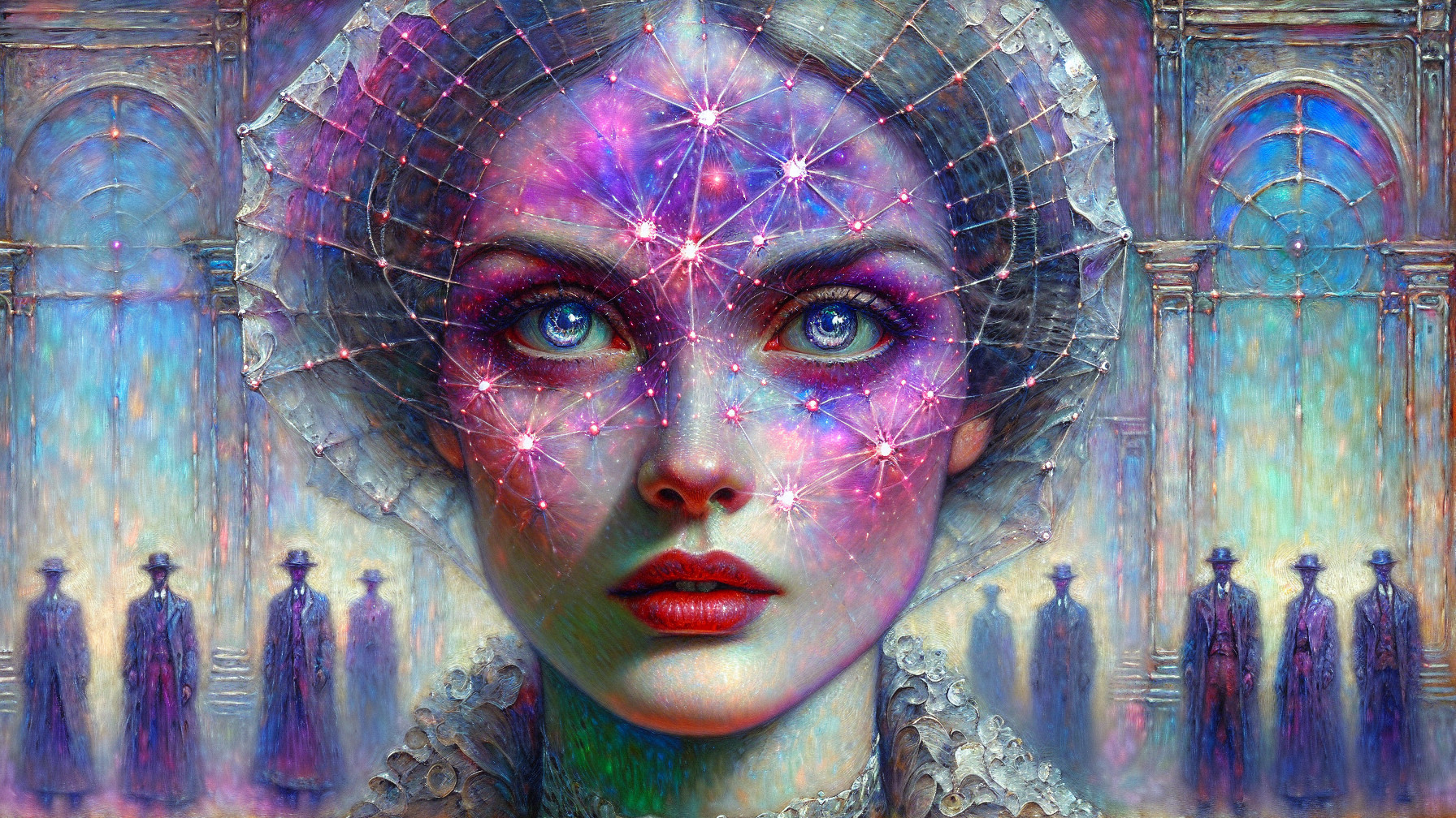 Surreal portrait of a woman with cosmic eyes and veil