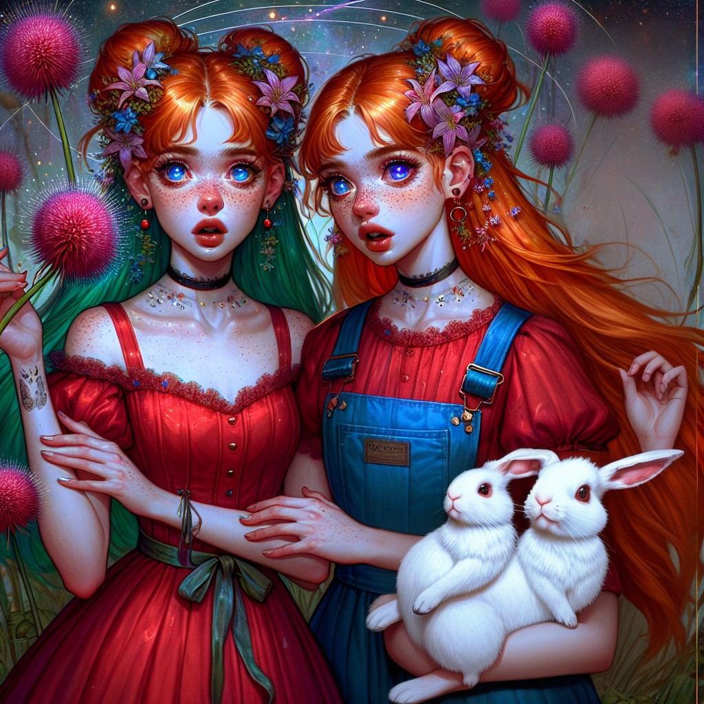 Young women with vibrant hair and whimsical flowers