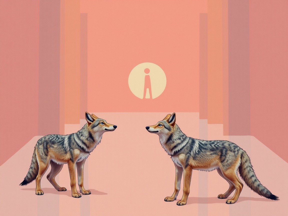Stylized Wolves in a Surreal Pastel Corridor