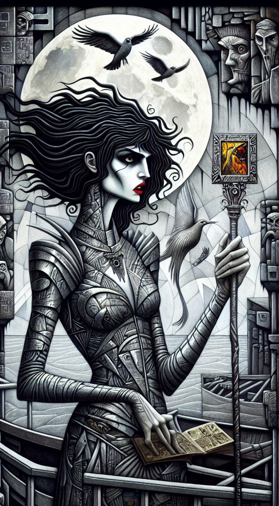 Monochromatic Figure with Moon and Abstract Backdrop