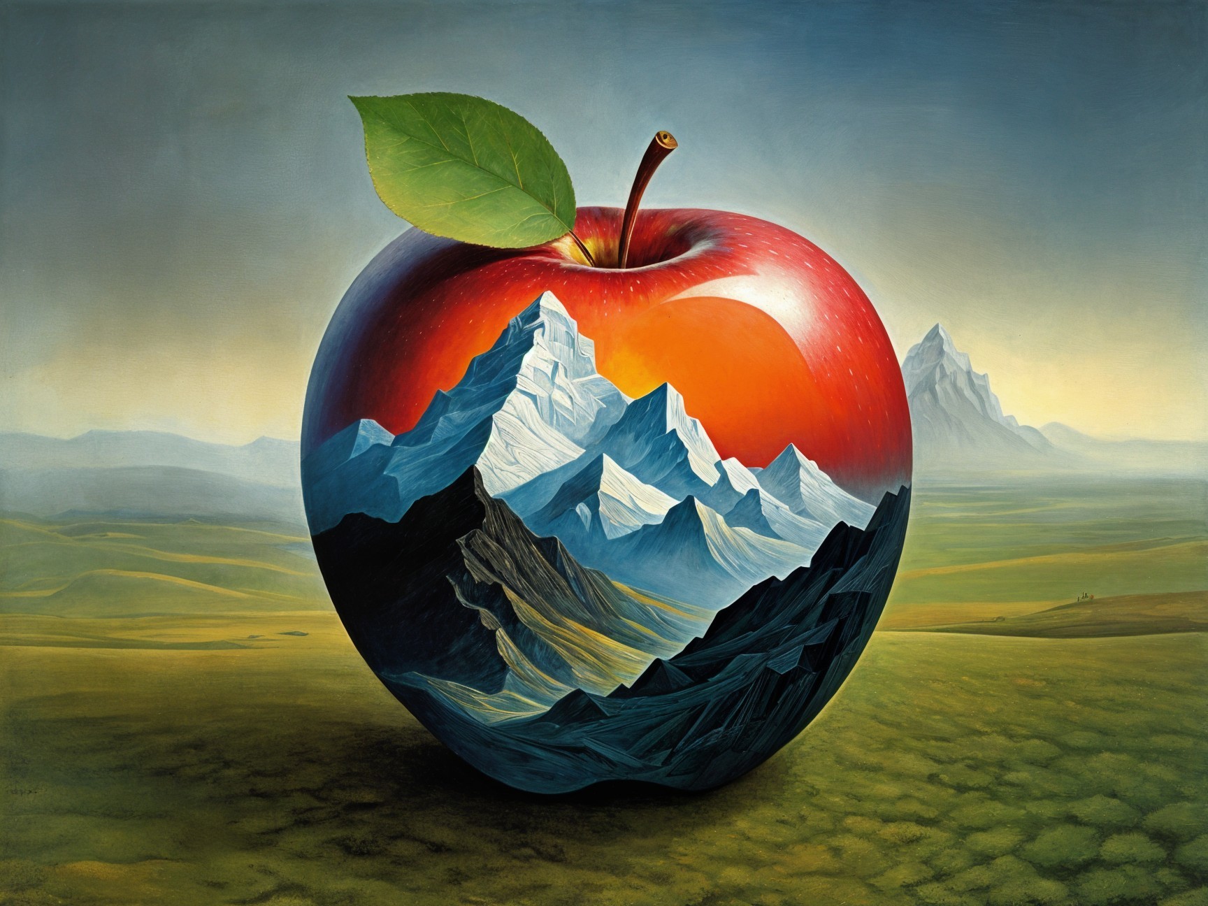 Surreal Painting of Red Apple with Mountain Landscape