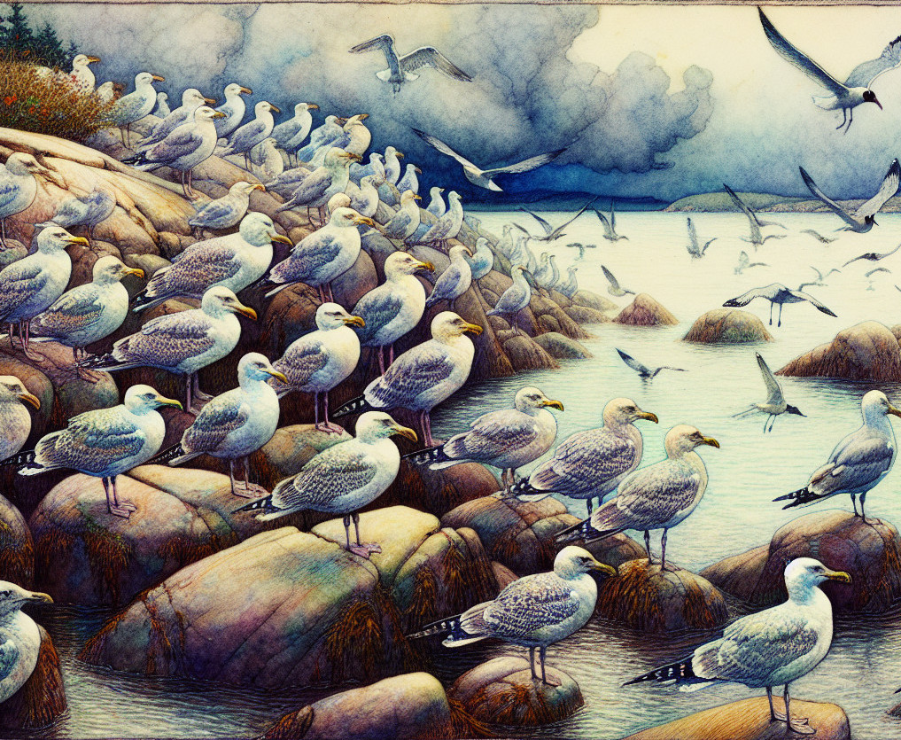 Seagulls Perched on Rocky Outcrops by the Coast