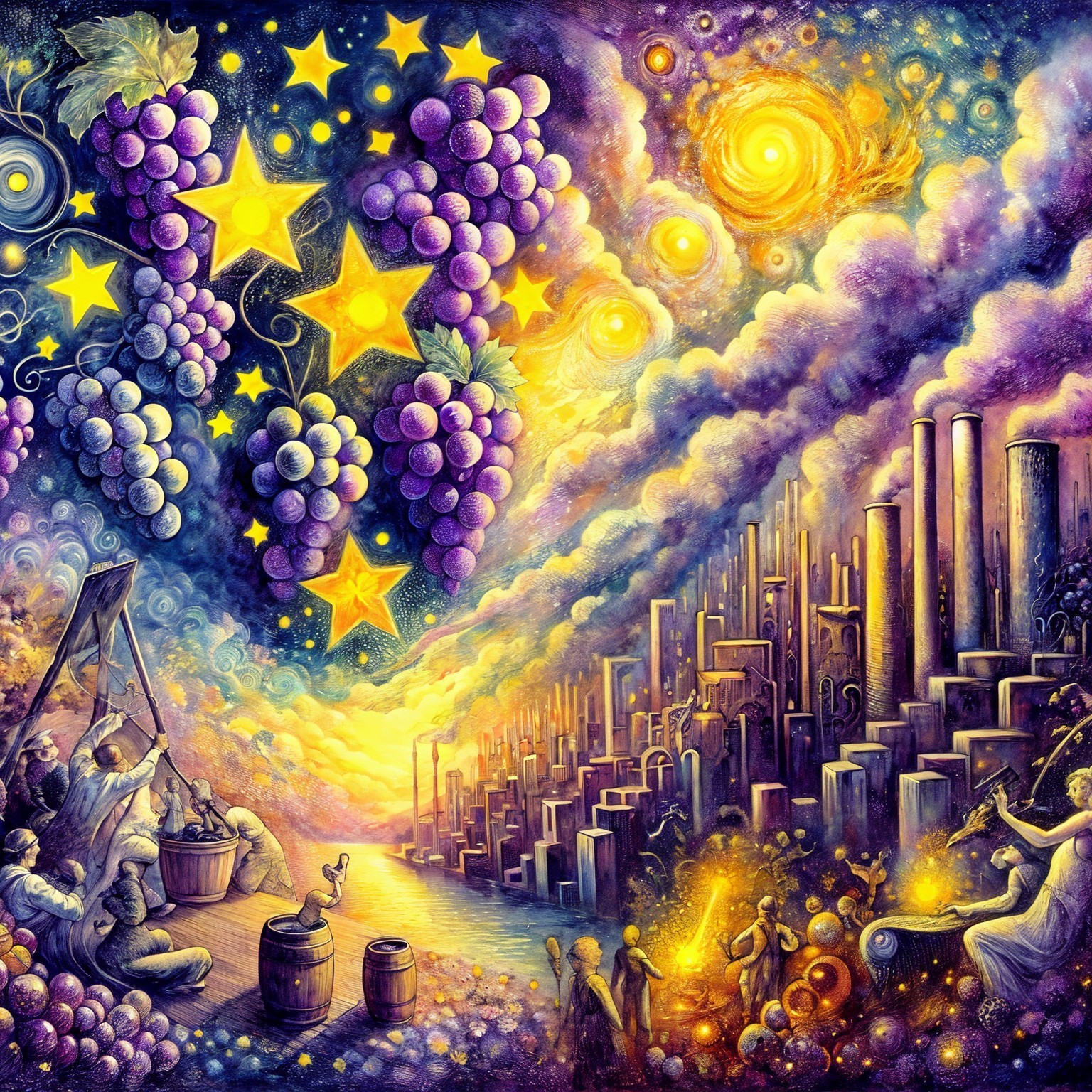 Cosmic Landscape with Grapes and Futuristic City