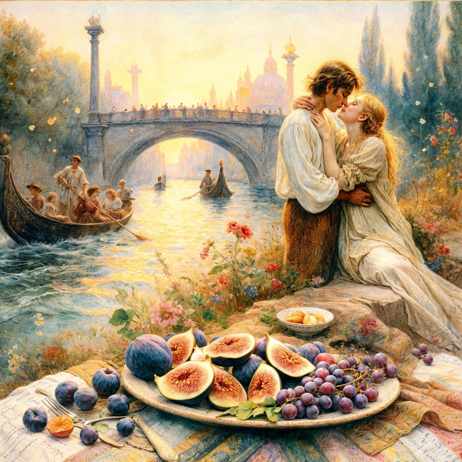 Romantic River Scene with Fruits and Gondolas