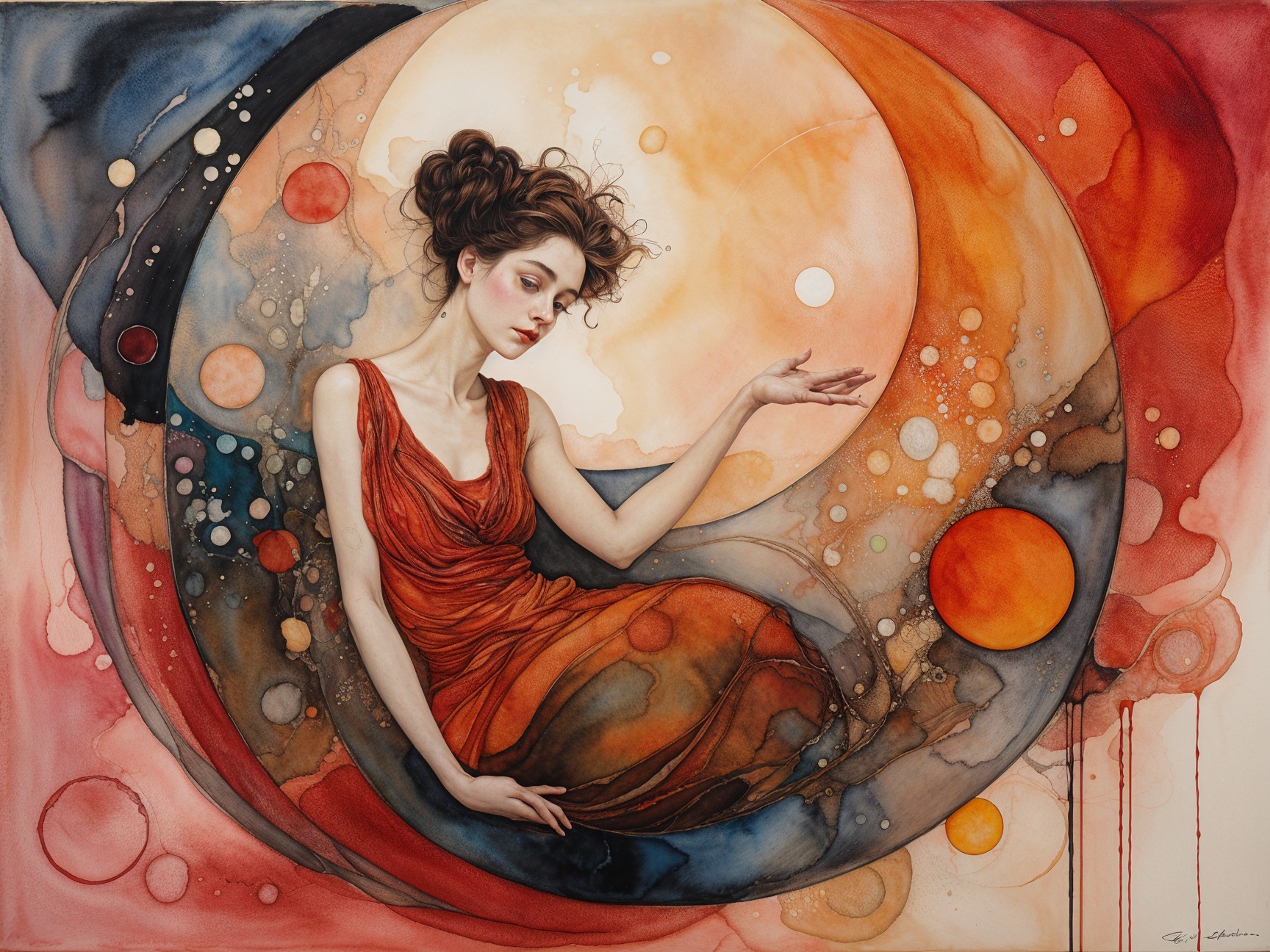 Celestial Serenity in a Red Dress