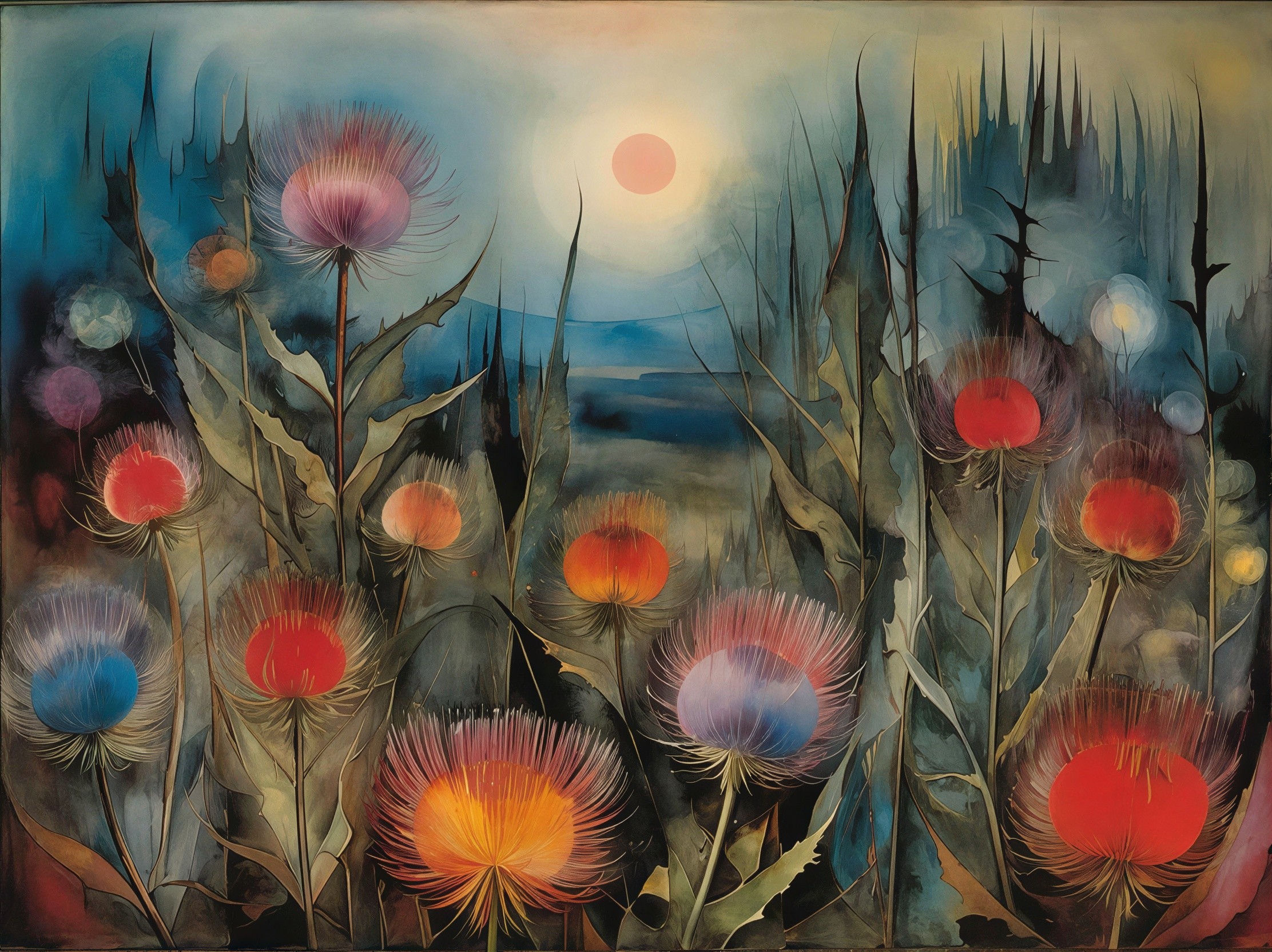 Watercolor Painting of Vibrant Thistles at Sunset