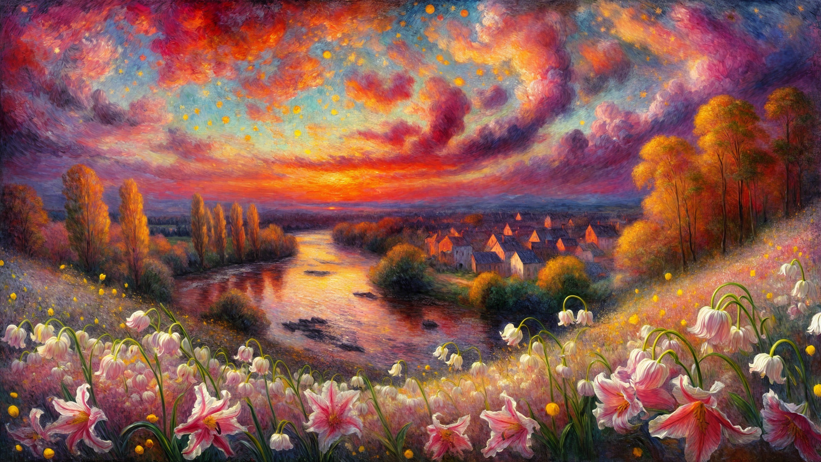 Vibrant Sunset Landscape with River and Cottages