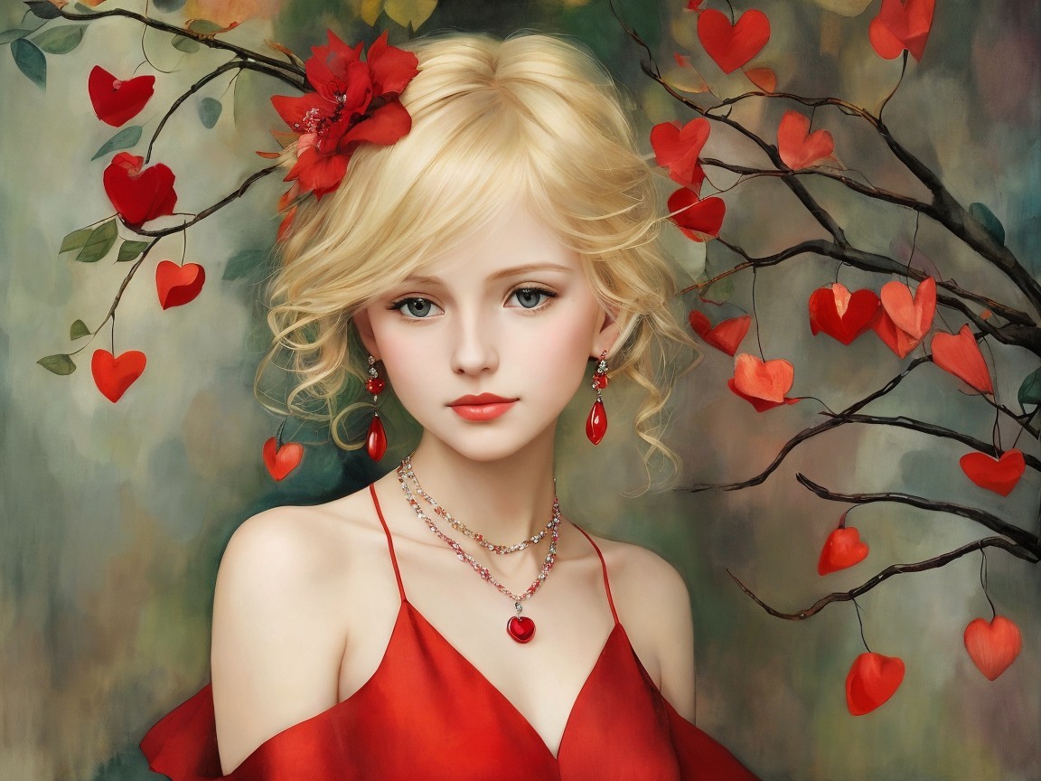 Young woman in red dress with floral accents