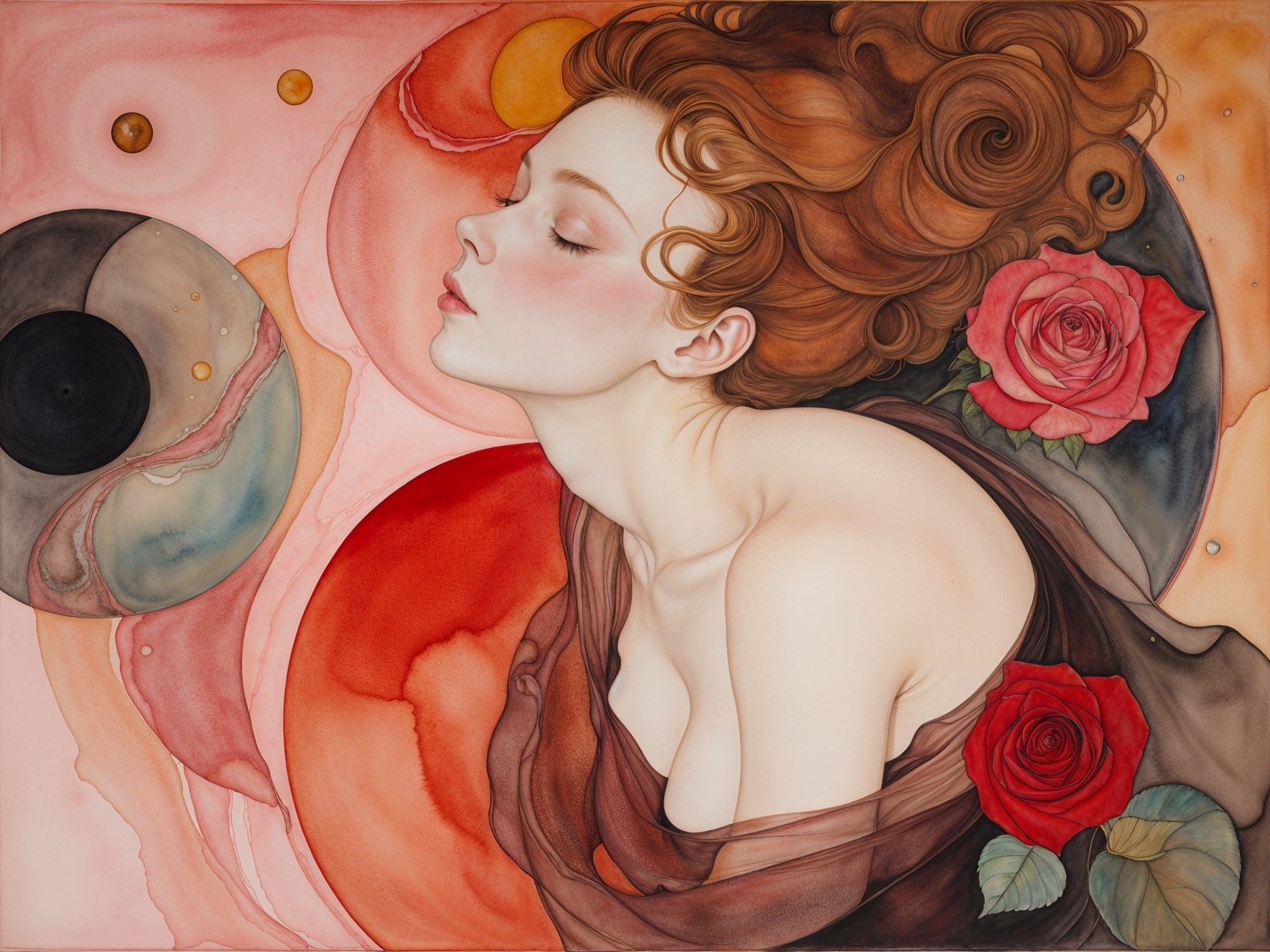 Serene Woman with Auburn Hair and Abstract Colors