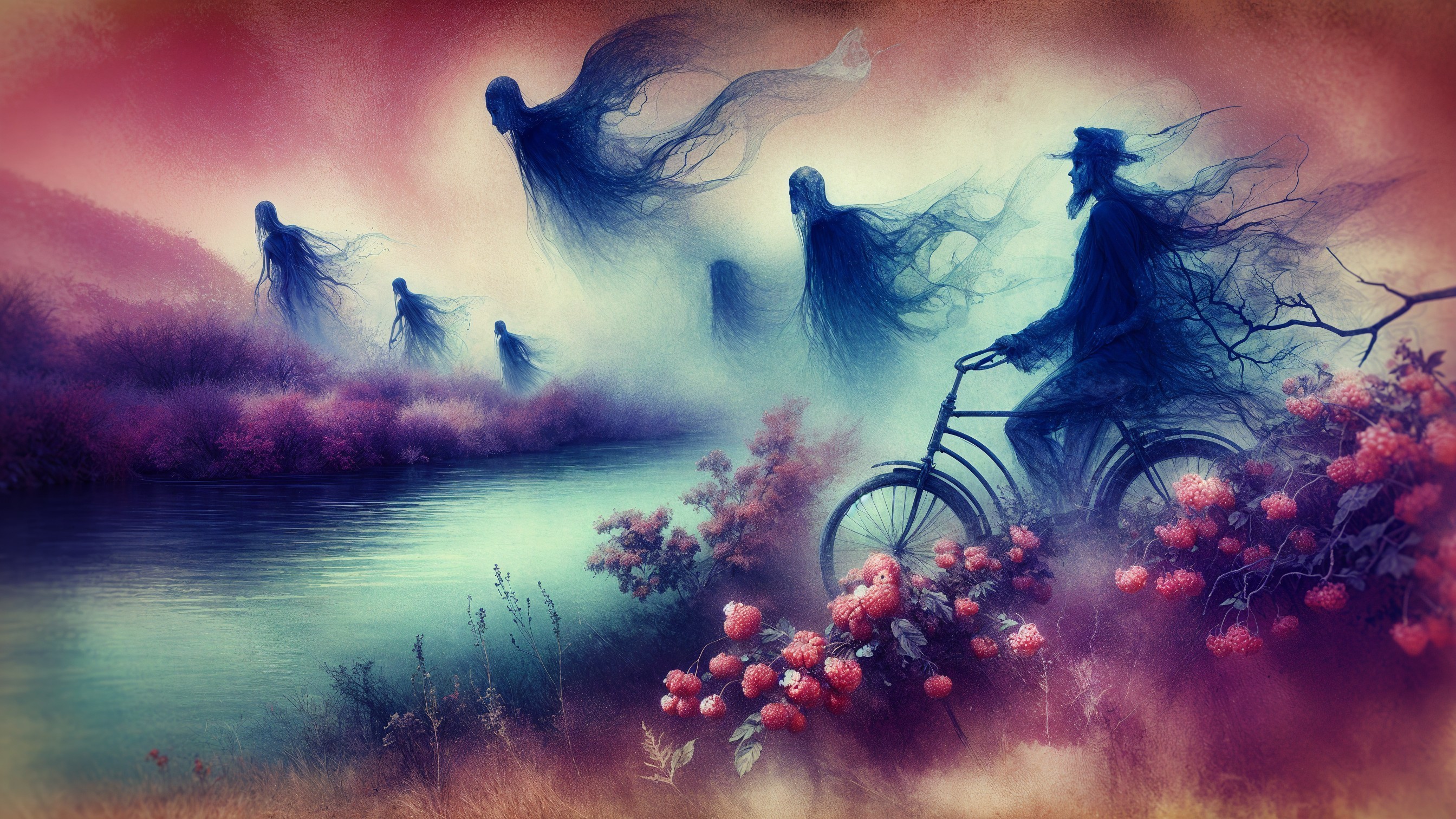 Ghostly Figure Biking in a Dreamlike Landscape