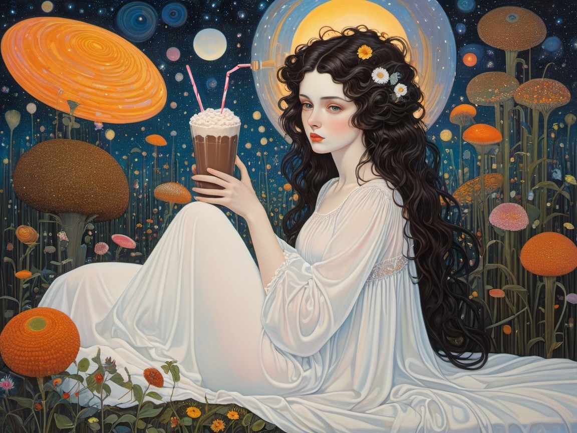 Serene figure in vibrant otherworldly landscape
